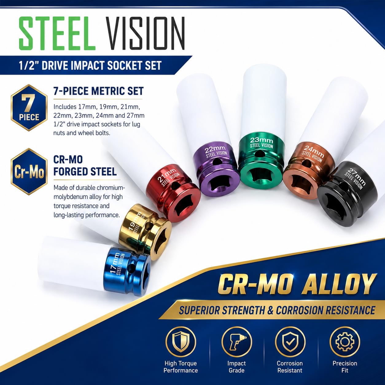 Steel Vision Juego de llaves de impacto de 7 unidades métricas, 1/2 pulgada, 17, 19, 21, 22, 23, 24 y 27 mm, Cr-Mo