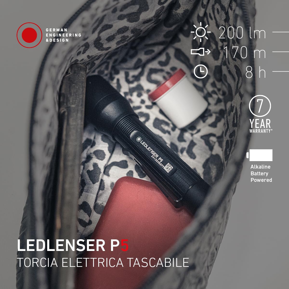 Ledlenser P5 Torcia LED, 200lm, Portata 170m, Batterie AA, IP54, 8h, 80g | Portata 170m, messa a fuoco regolabile, 80g, 3 modalità, ideale per passeggiate notturne, escursioni e campeggio