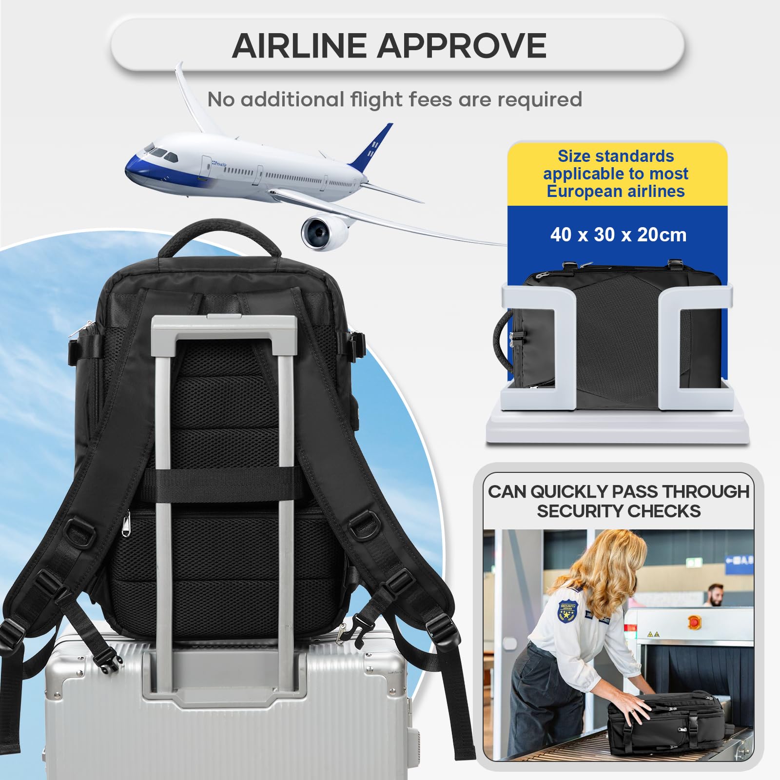 BJLFS Borse da Cabina per Ryanair 40x30x20 Zaino Wizzair Sottovuoto da viaggio 40x20x25 Bagaglio a Mano con compressione sottovuoto,Zaino Easyjet 45x36x20,Zaini Casual per laptop da 14 pollici