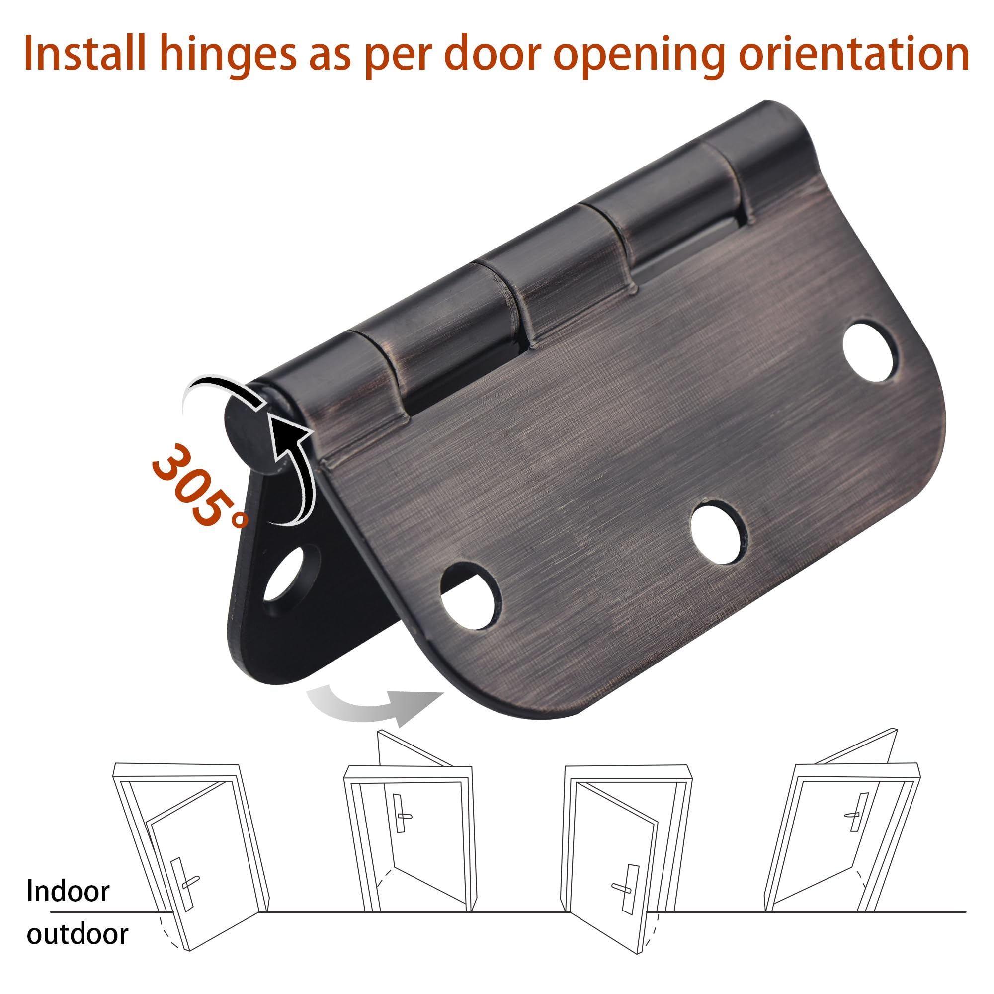 Paquete de 18 bisagras de puerta de 3.5 x 3.5 pulgadas, bisagras de bronce aceitado para madera, esquinas de radio de 5/8 pulgadas, bisagras de puerta interior de 3 1/2 pulgadas para puertas