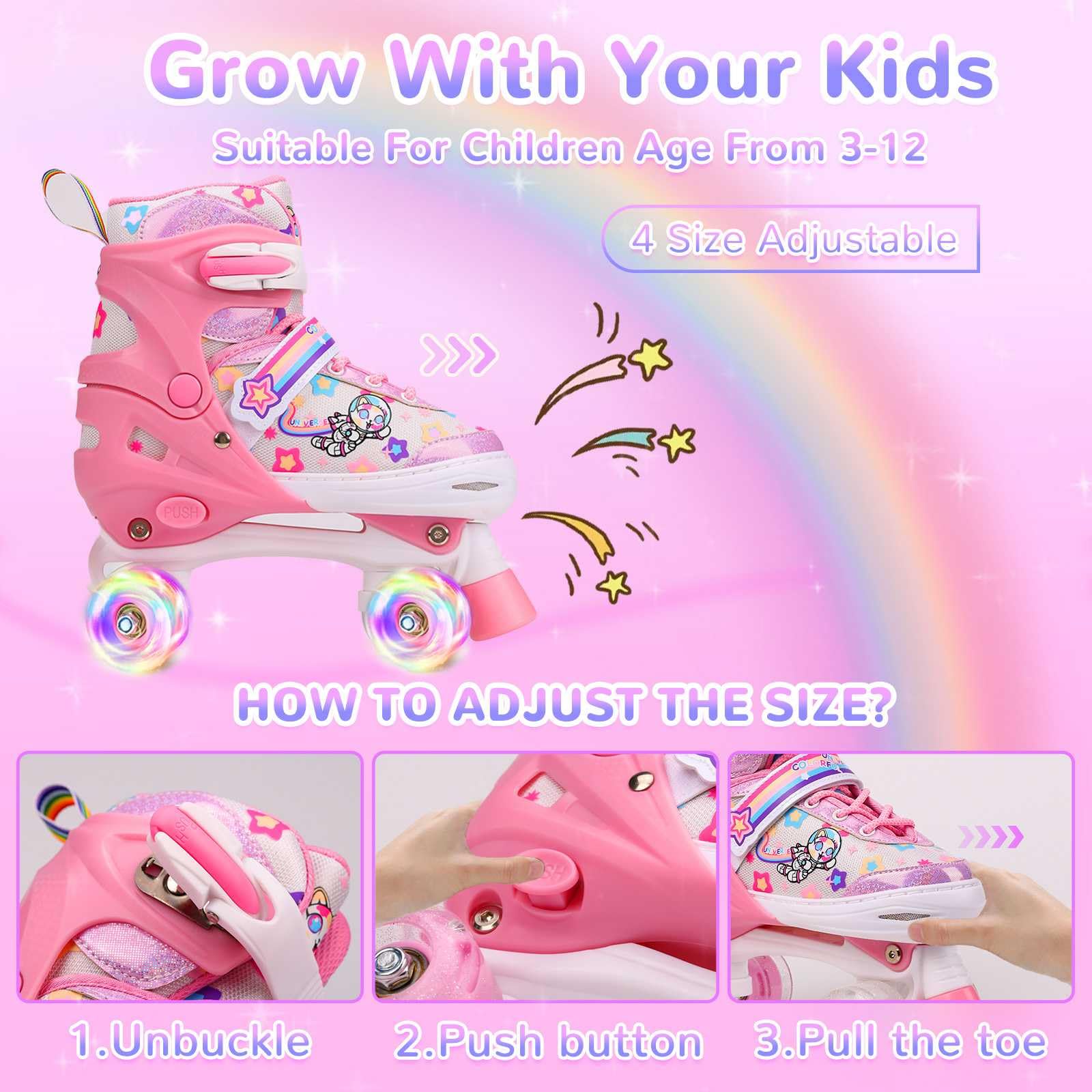 Pattini a Rotelle Bambina Regolabili Pattini A Rotelle per Bambini Pattini Quad con Ruote Luminose 4 misure regolabili per Ragazze, Ragazzi e Principianti