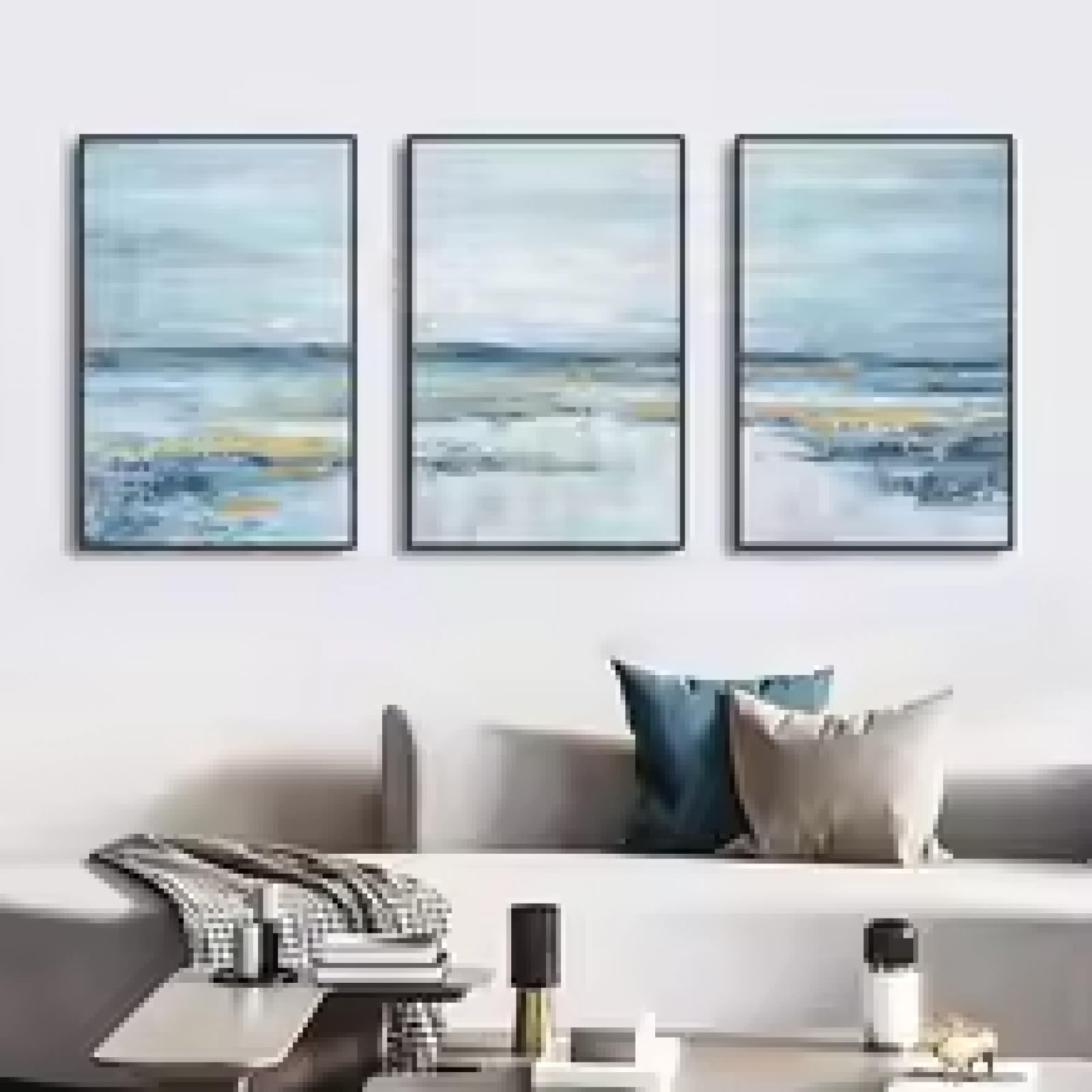 HIPWST Nordycki abstrakcyjny ocean obraz na płótnie motyw przybrzeżny grafika niebieskie złoto zachód słońca i wschód słońca plakaty ścienne salon 30 x 45 cm x 3 bez ramy