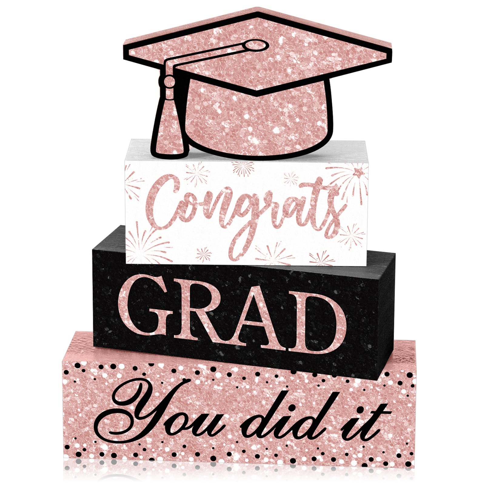 Photo 1 of Cinnvoice 4 Pcs Graduation Table Decor 2026 Congrats Grad Centerpiece Class of 2026 Wood Sign Graduation Tiered Tray Decor Farmhouse Congratulate Gifts for Home Shelf Party Decorations(Pink Black)