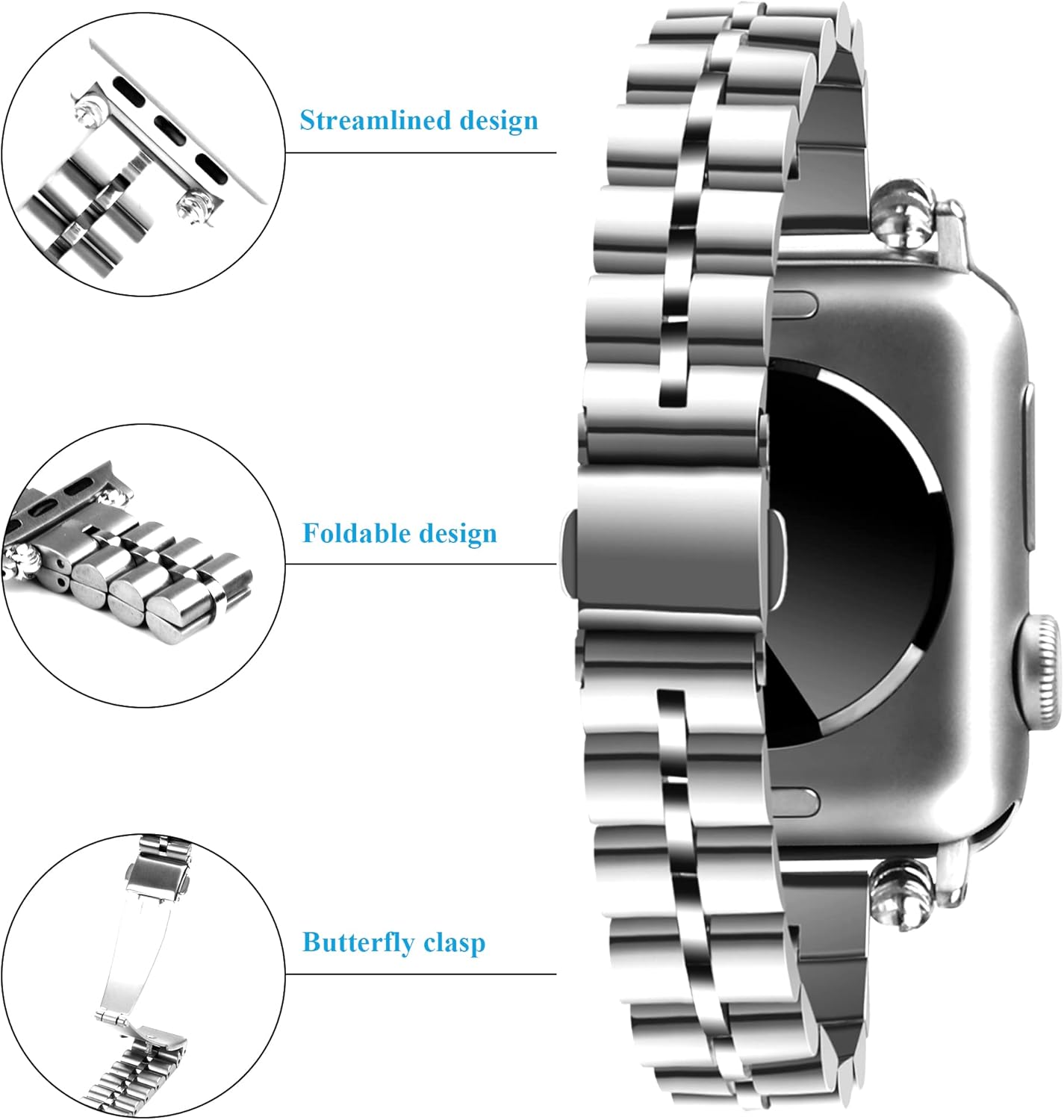 Metal Bracelet Compatible with Apple Watch Band 38mm 40mm 41mm 44mm 42mm 45mm 49mm iWatch Series 8 7 6 5 4 3 SE Ultra for Women Men, Designer Dressy Charms Classy Chain Straps Stainless Steel