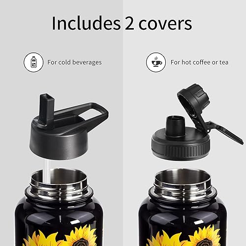 Miniatura 2 de Sunlfower - Botellas de agua de acero inoxidable con aislamiento al vacío con diseño de girasol de 32 onzas con tapas de boquilla y pajilla, botella