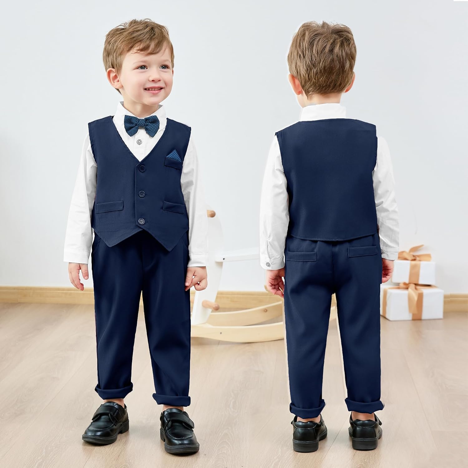 CARETOO Toddler Baby Boy Clothes Suit 5Pcs Gentleman Wedding Outfit Dress Shirt+Vest+Bow Tie+Suspender Pant Formal Set 12M-5T - Image 2