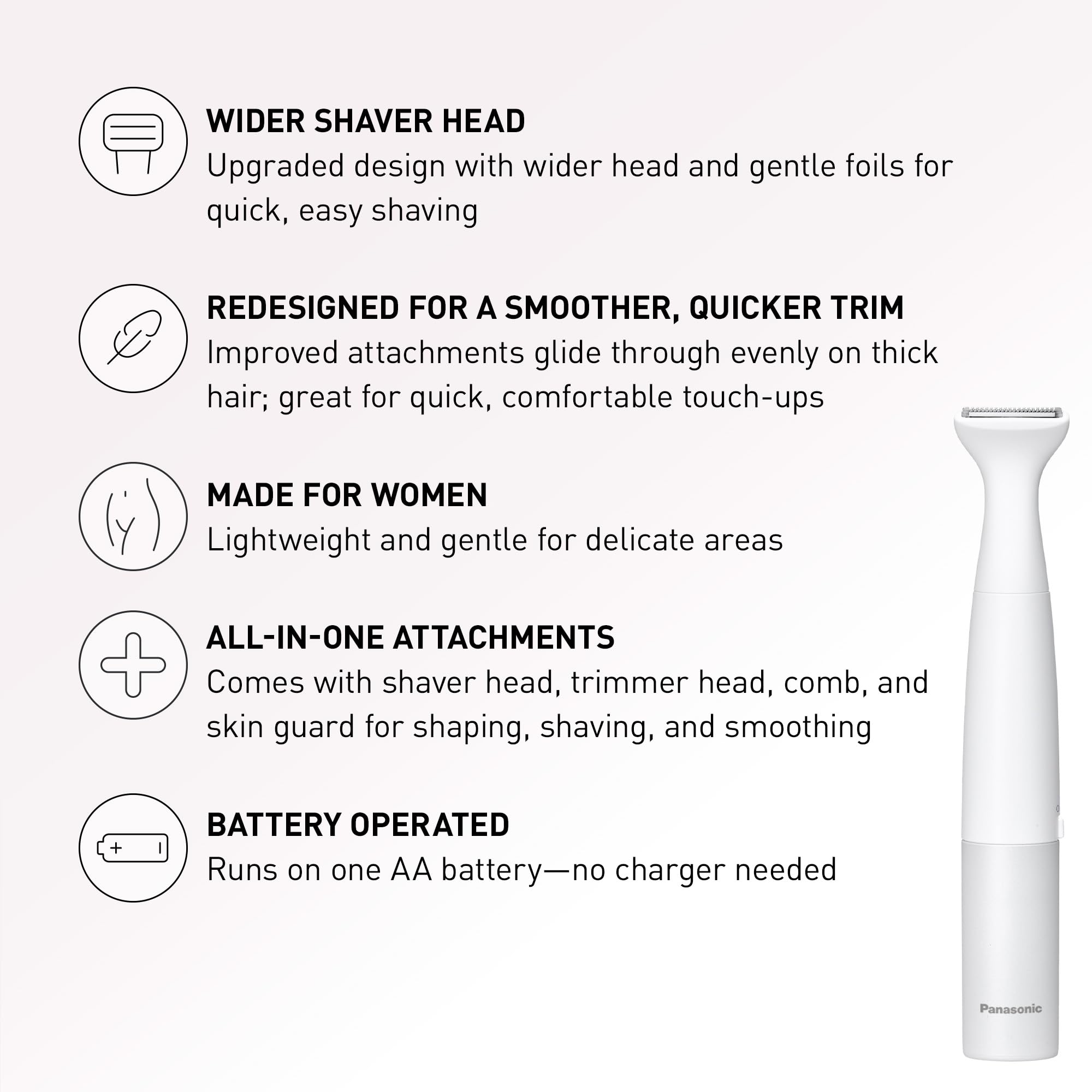 Panasonic Bikini Trimmer and Shaver for Women with 4 Attachments for Fast Easy Gentle Grooming in Intimate Areas, Use Wet/Dry, Electric Razor, Battery-Operated – ES-WV62-H (White/Silver)