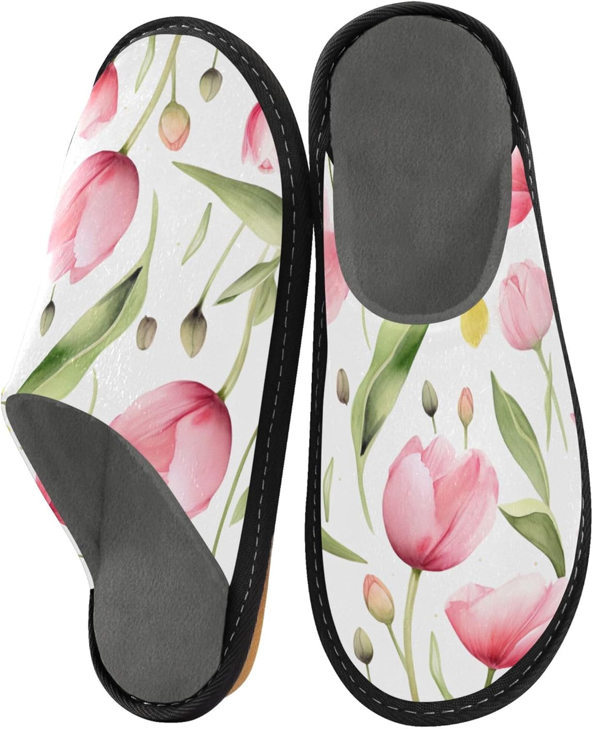 Pink Tulip Flower House Slippers – Cozy Fuzzy Slippers for Guests, Washable & Disposable, Perfect for Shoeless Home, Spa & Hotel Use A111480