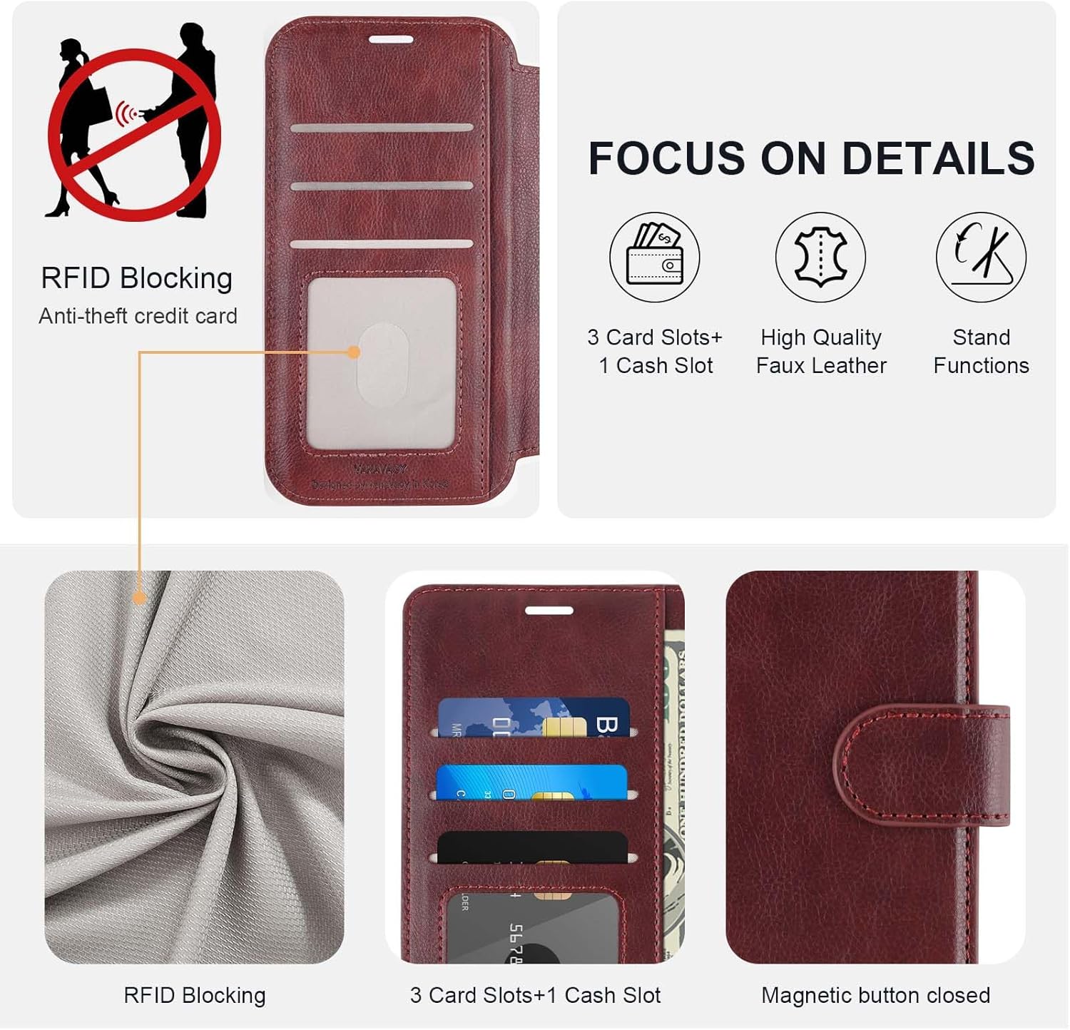 VANAVAGY Compatible for iPhone 14 Pro Max Wallet Case for Women Men, PU Leather Flip Cover with Wrist Strap for Wireless Charging with RFID Blocking Card Holder Screen Protector,Burgundy