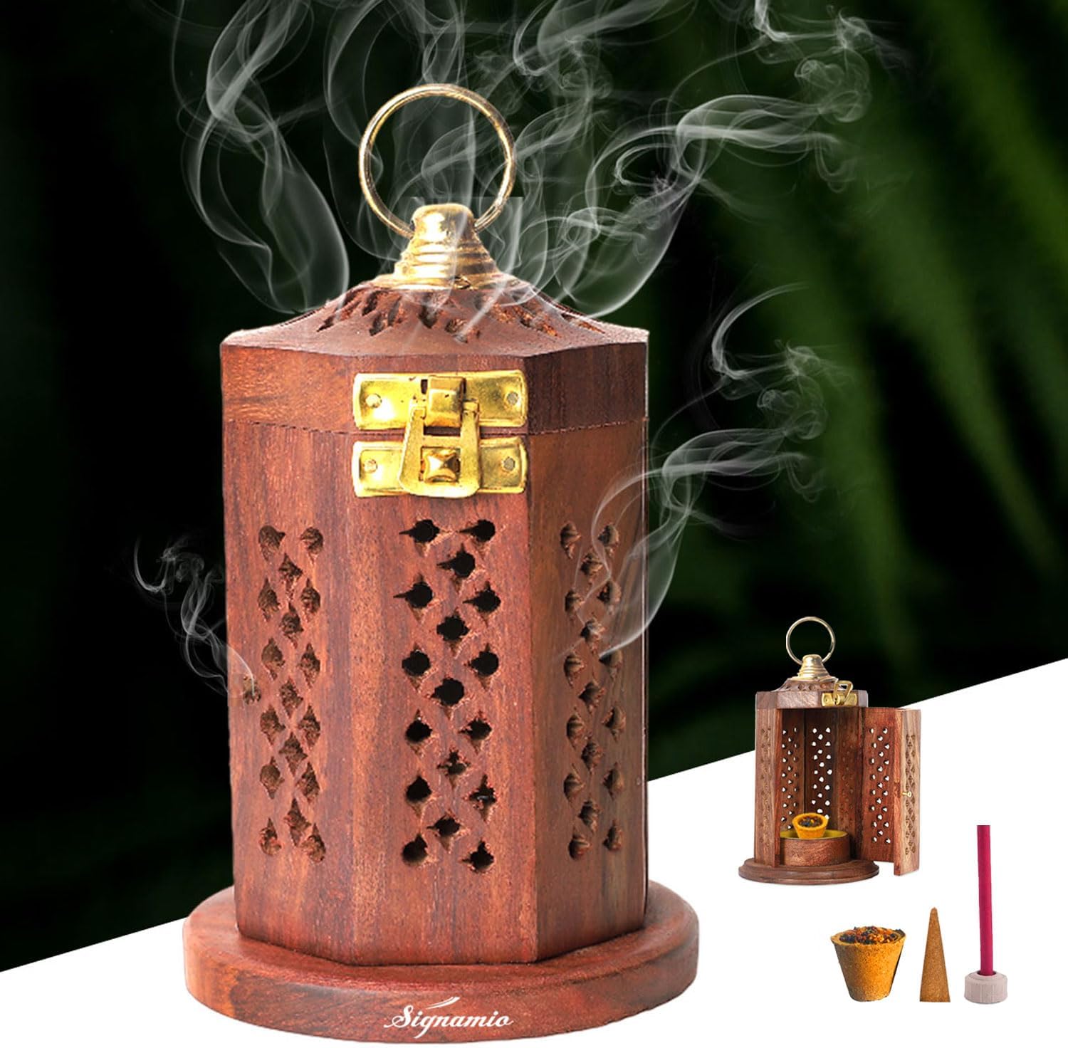 SIGNAMIO® Hanging Handcrafted Wooden Sambrani Dhoop Dhup Stand - Perfect Room Decoration and Incense Cone Holder for Home Mandir, Ideal Dhoop Dani and Pooja Items