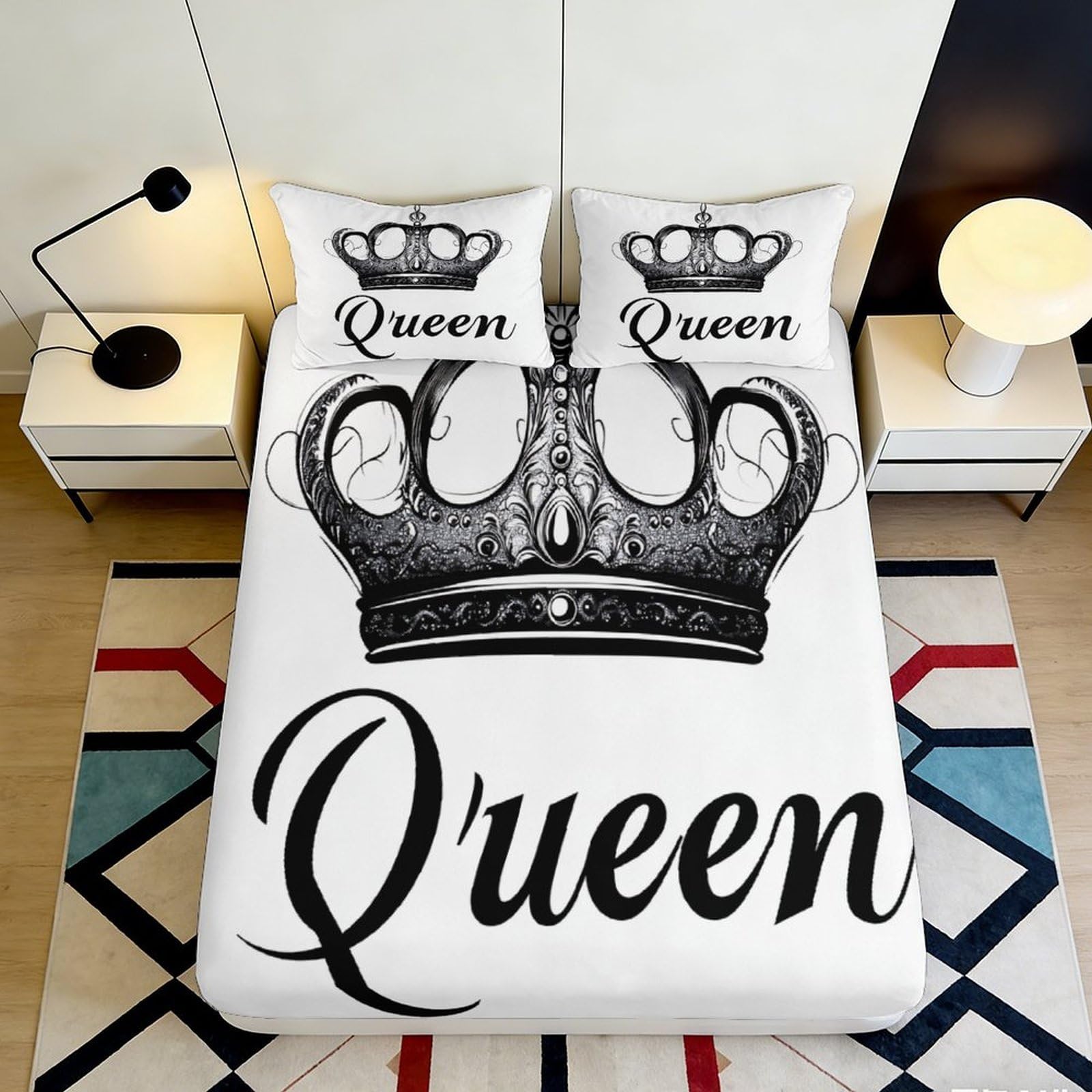 Jqzkxnhpbr Style-1 3D Printed Crown Queen Fitted Sheet Microfiber Soft Black White Bed Cover Anti-Slip For Bedroom Guest Room Home 90X200x25cm