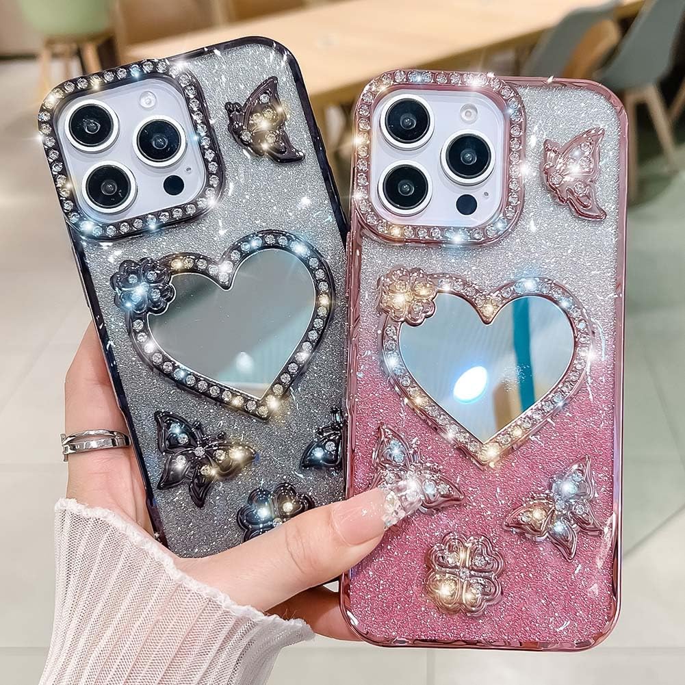 KERZZIL Trendy Girly Heart Mirror Compatible with iPhone 16 Pro Max Case, Elegent Cute Slim Women Bling Glitter Diamond Rhinestones Plating Butterfly Phone Cases(Rose Gold,16 Pro Max) - Image 3
