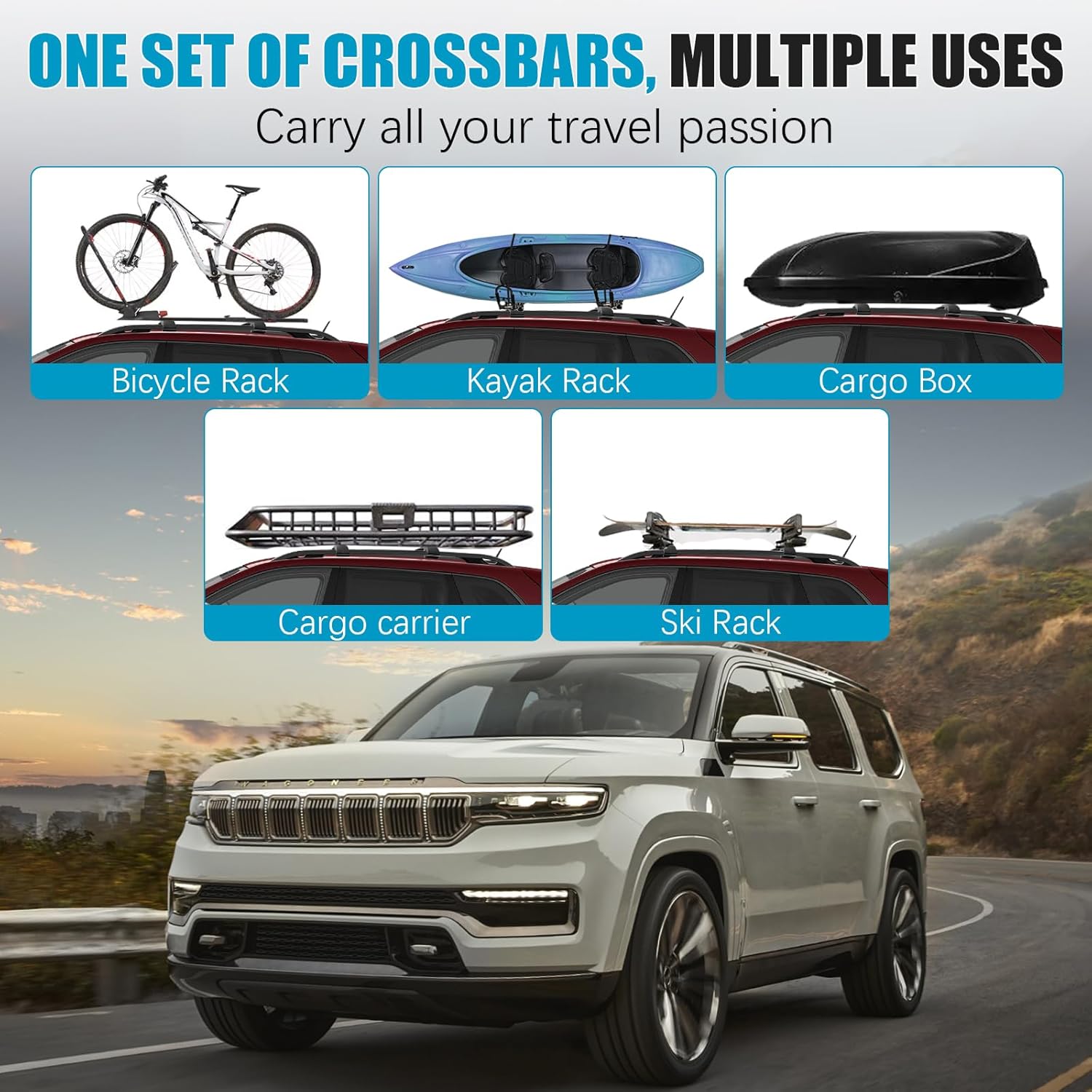 300lbs Roof Rack Cross Bars for Jeep Grand Cherokee L 2021-2026 & Grand Cherokee 2022-2026, Aluminum Roof Rack Storage Accessories for Bicycle, Kayak, Cargo, Cargo Carrier, Skiboard