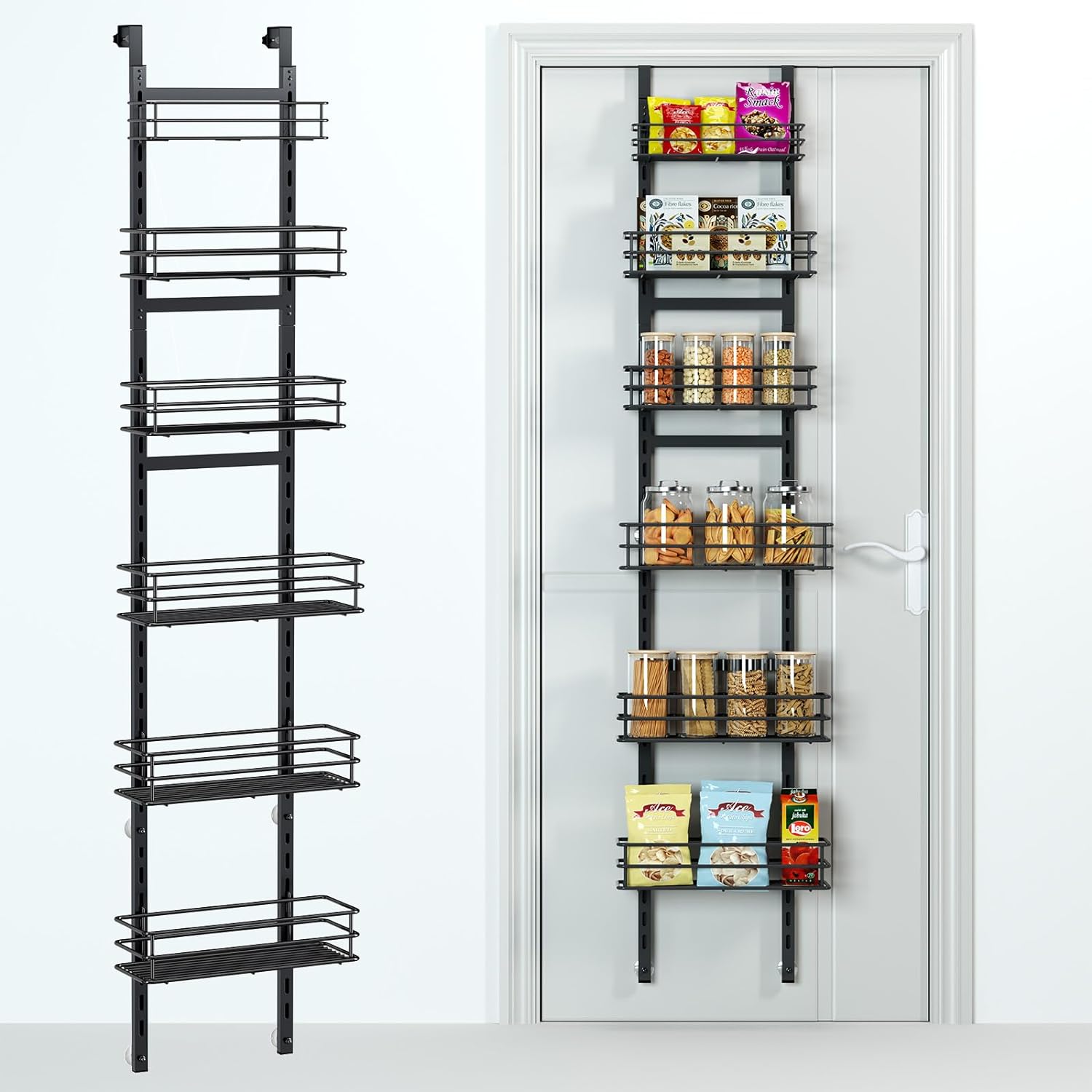 Adjustable 6-Tier Over the Door Pantry Organizer, Spice Rack, Narrow Hanging Shelf for Kitchen Storage and Organization Black-6