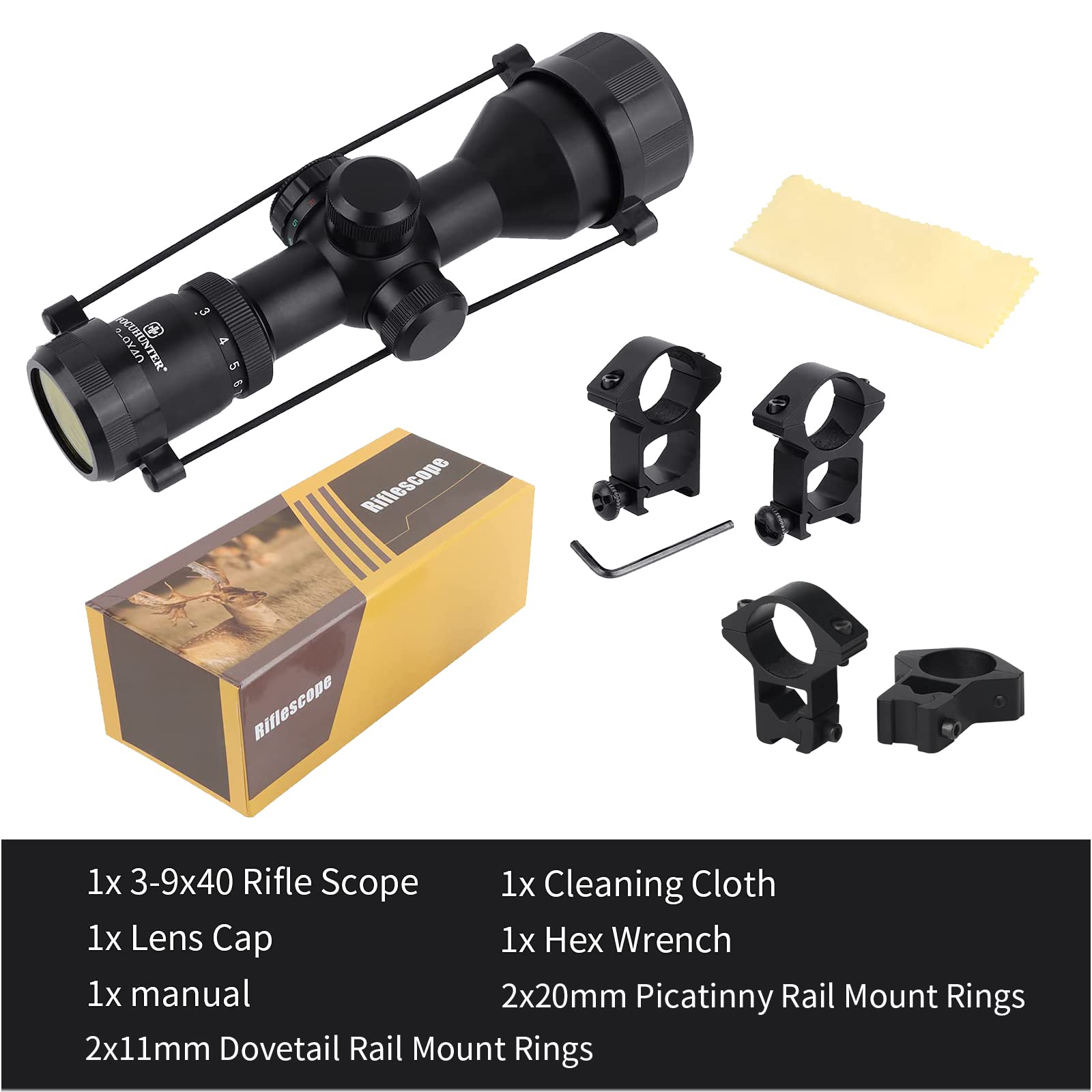 Cannocchiale da Puntamento Tattico 3-9x40E Rifle Scope Mirino Ottico Compatto con Anelli Montaggio Weaver 20 mm
