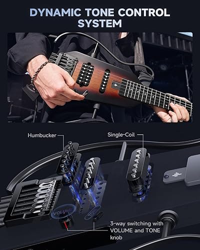 Miniatura 6 de Donner HUSH-X - Kit de guitarra eléctrica, guitarra sin cabeza ligera, ideal para viajes y práctica, cuerpo sólido de caoba con soportes fáciles de