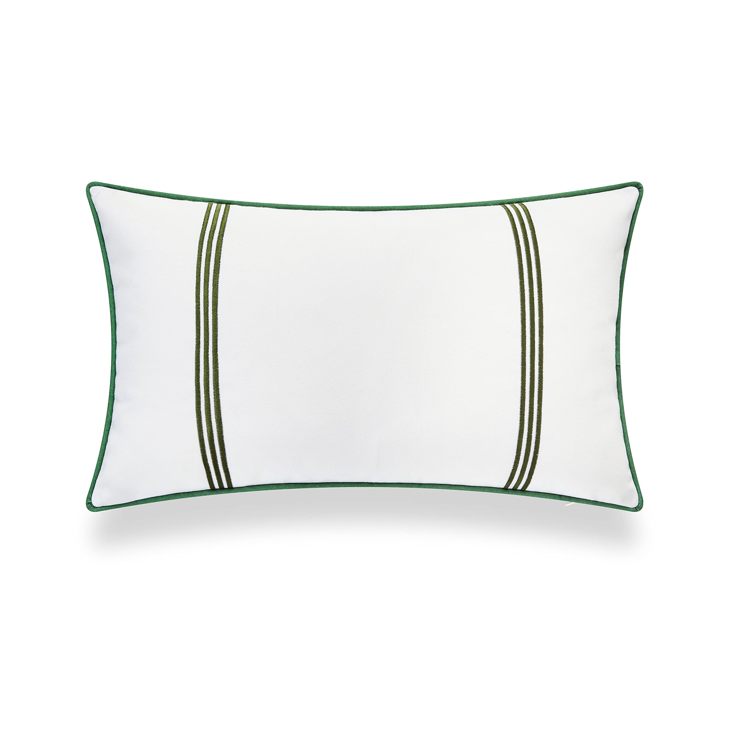 Hofdeco Premium Coastal Patio Indoor Outdoor Lumbar Pillow Cover Only, 12"x20" Water Resistant for Backyard, Couch, Green Embroidered Vertical Line
