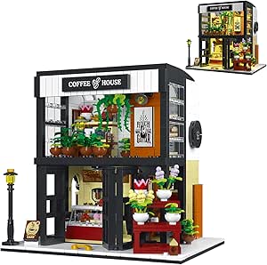 XMORK Cafe Building Blocks Set, 1454 PCS Coffee Shop with LED Light, City Coffee House Model Building Kit for Kids and Adults