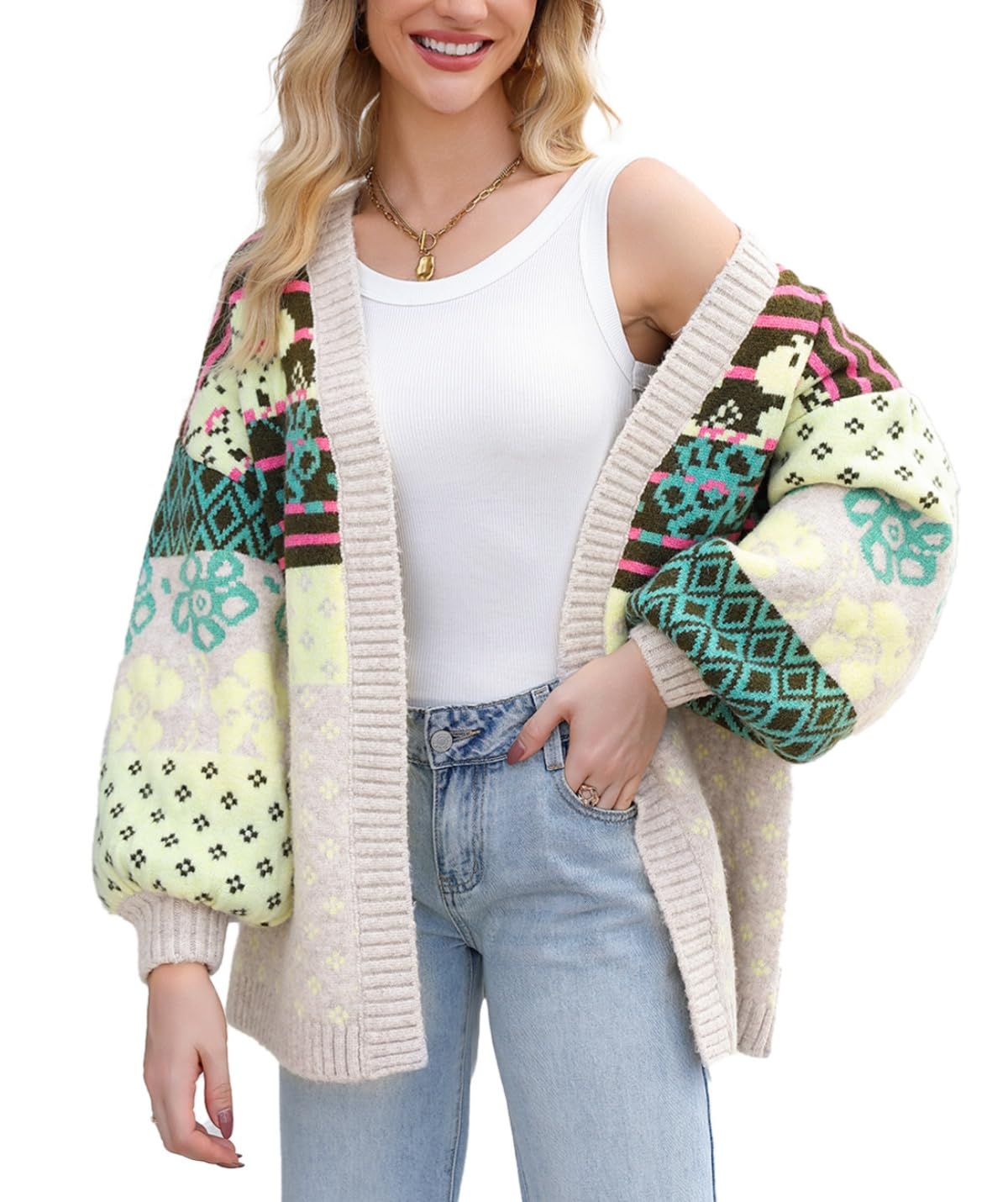 D-Sun Womens Printed Cardigan Sweater Front Open Long Sleeve Colorblock Cardigan Fall Winter Outwear Coats