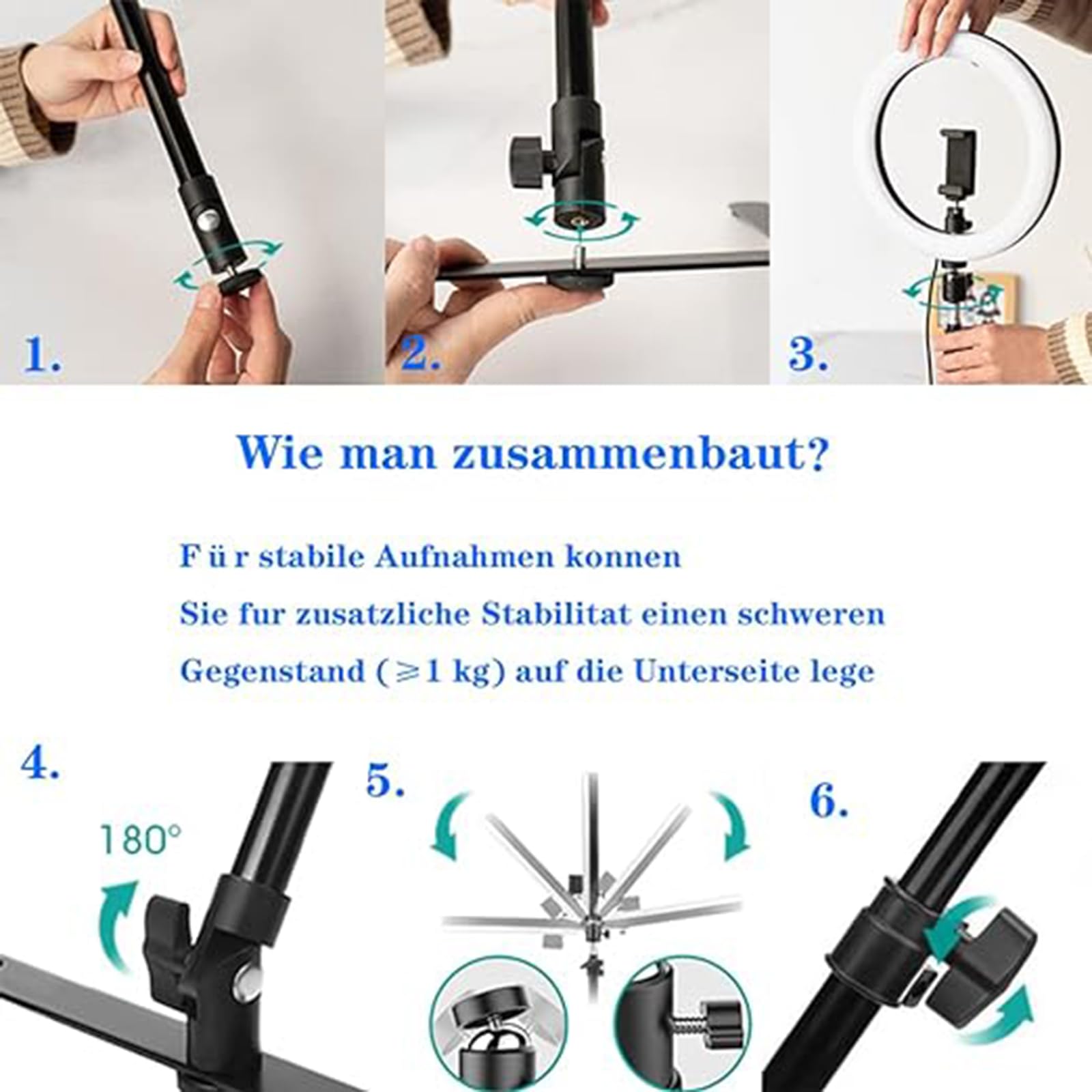 XUMI Anello luminoso a LED a intensità variabile da 10 pollici con supporto e supporto per telefono, scrivania treppiede regolabile per Youtube Video, Photography, Selfie, Vlog, Live Streaming, nero