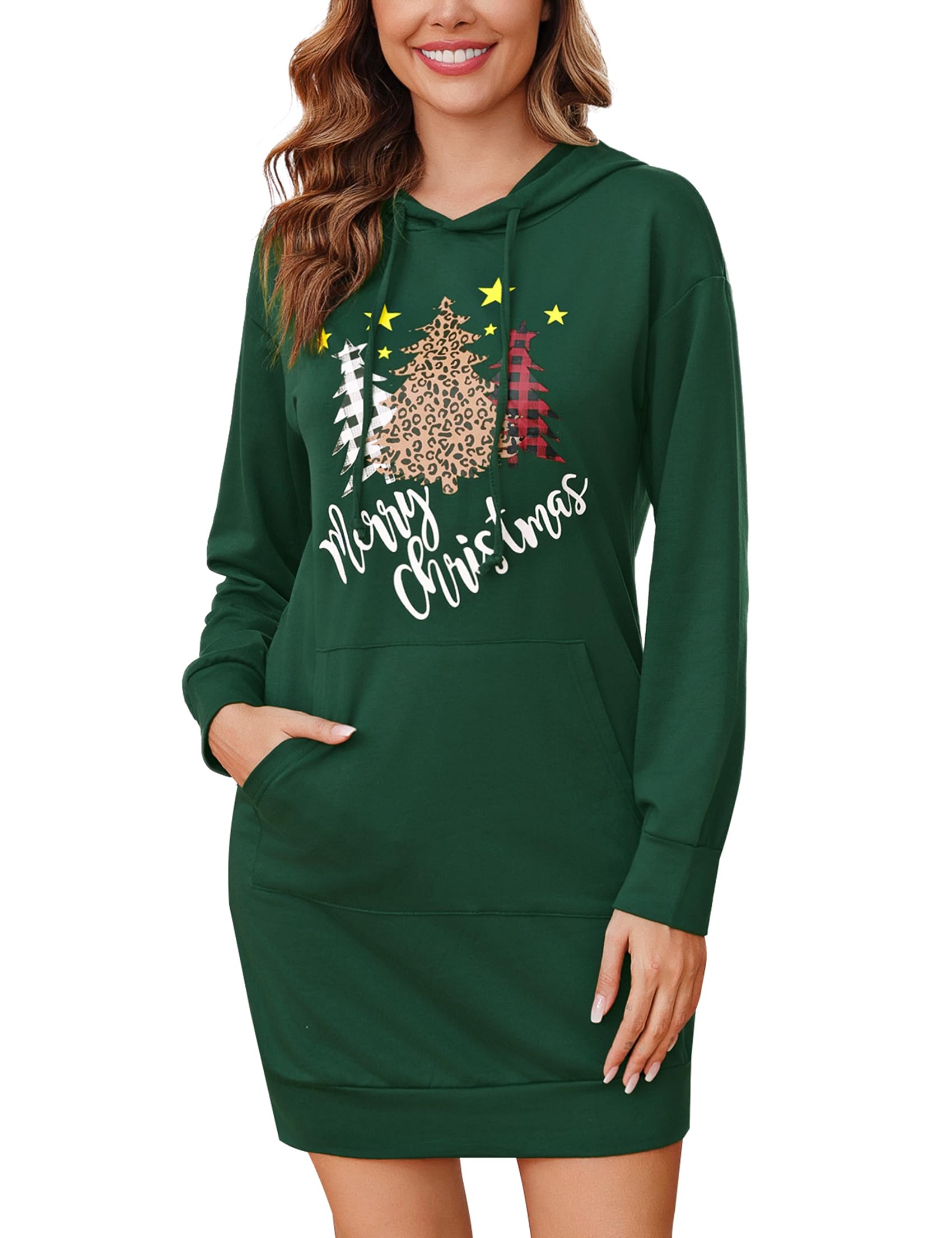 Terecey Weihnachts-Hoodie Kleid Damen Langarm Kapuzenpullove