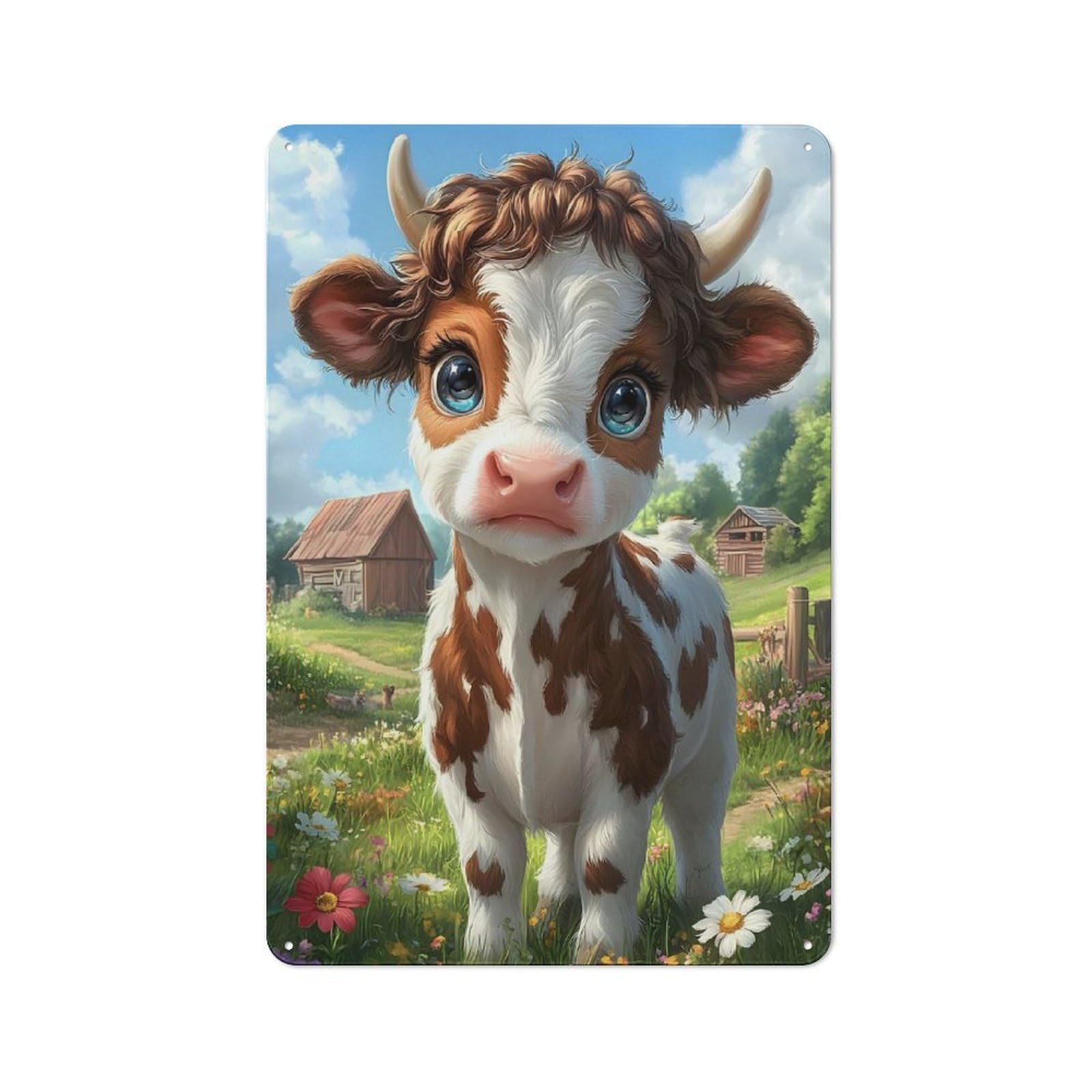 Distressed Look Cute Cartoon Cow in Meadow Decorative Tin Sign 30x20cm, Retro Room Decor for Lounge, Study, Pub Or Wall Gallery