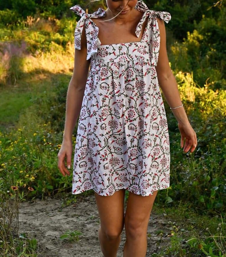 Image of Women Tie Shoulder Mini Dress Floral Ruffle Babydoll Dress Boho Square Neck Sundress Cute Summer Dresses