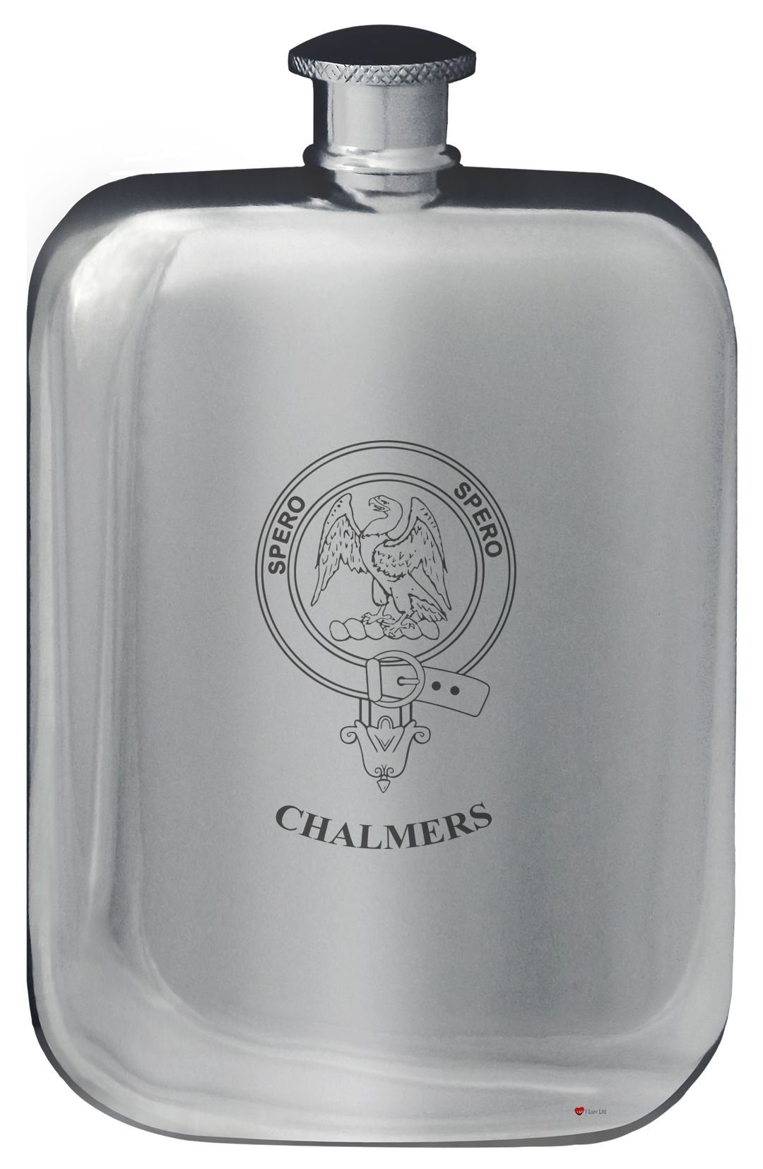 Flacon de poche Chalmers flasque de hanche arrondie étain poli 6 oz crête de famille