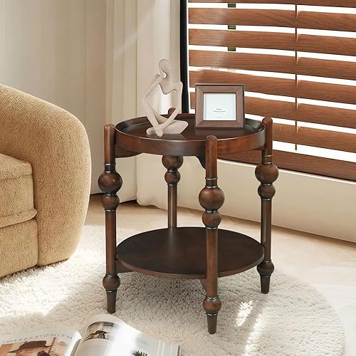 Miniatura 2 de LKTART Mesa auxiliar anidable para sala de estar, mesas auxiliares redondas con marco de madera maciza con almacenamiento, mesa central retro para