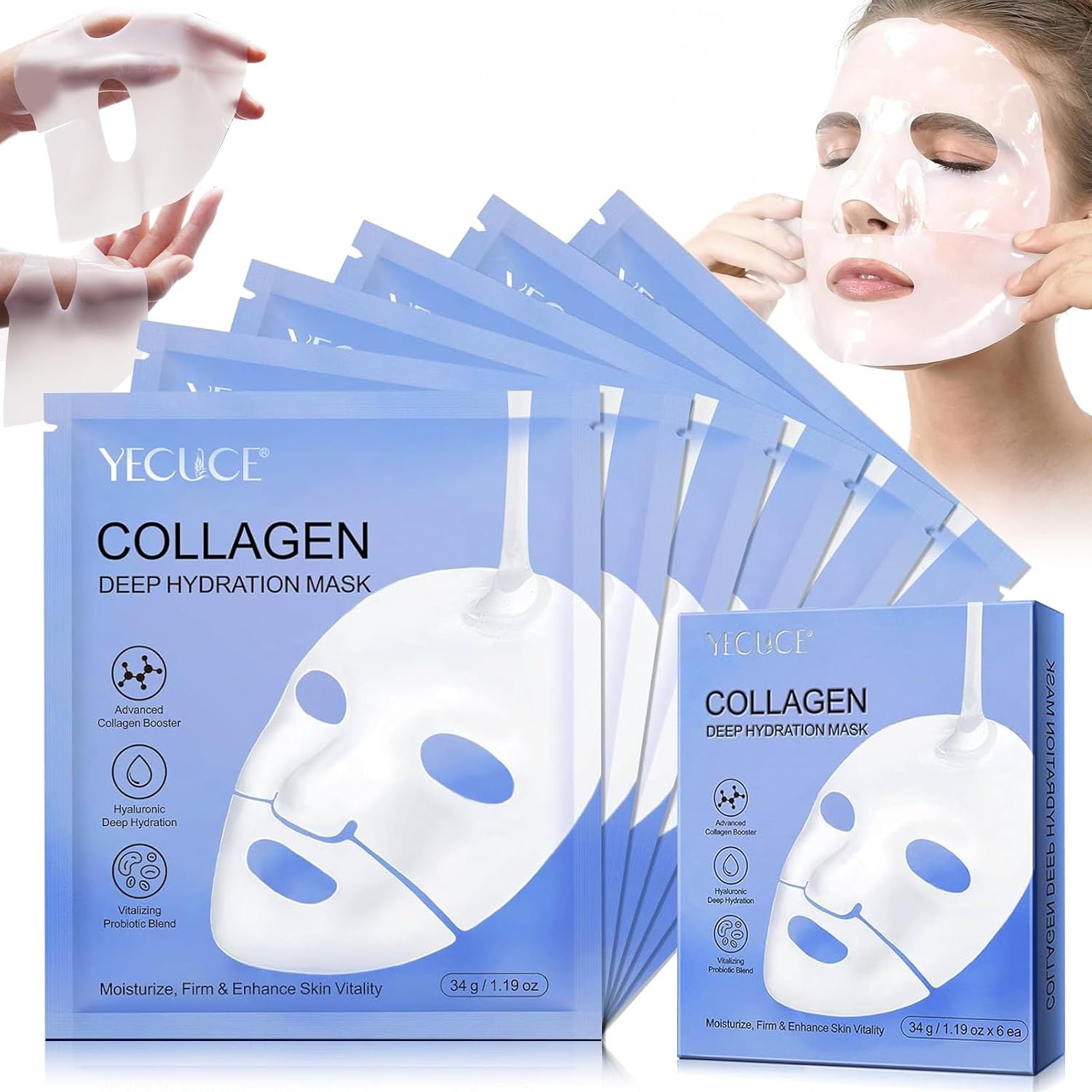 Collageen masker overnight (6 stuks) – Koreaans gezichtsmasker met biologisch collageen voor intensieve verzorging ‘s nachts, vermindert fijne lijntjes en rimpels, anti-aging doekmasker