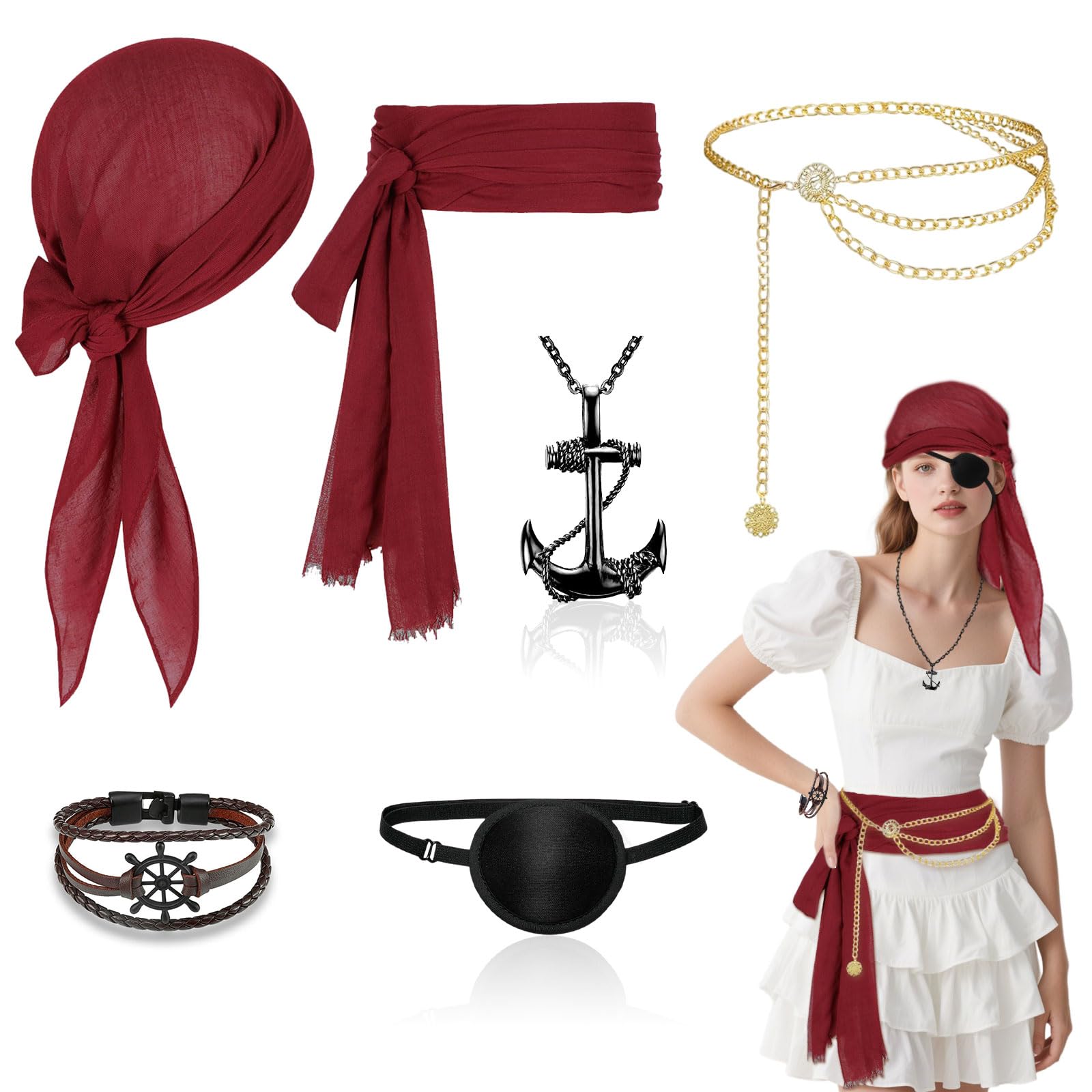 YAUOIPI 6 Pcs Pirate Costume Accessories Set, Medieval Women Pirate Fancy Dress Kit, Bandana Sash Belt, Anchor Pendant Bracelet Necklace, Waist Chain, Eye Patch, for Halloween,Cosplay, Carnival (Red)