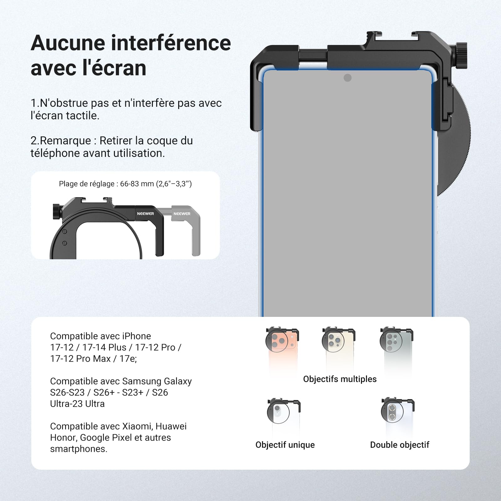 NEEWER 67mm Support de Filtre pour Téléphone avec Pince Réglable, Fixation pour Griffe Flash et Filtre CPL, Accessoires Photo Compatibles avec iPhone 17 16 15 14 Samsung Galaxy S26 Ultra S25, FL-112