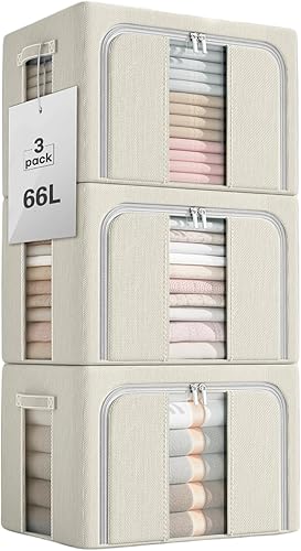 JUSFANE Organizador de almacenamiento de ropa, paquete de 3 cubos de almacenamiento apilables de 66 litros, caja de almacenamiento de ropa plegable