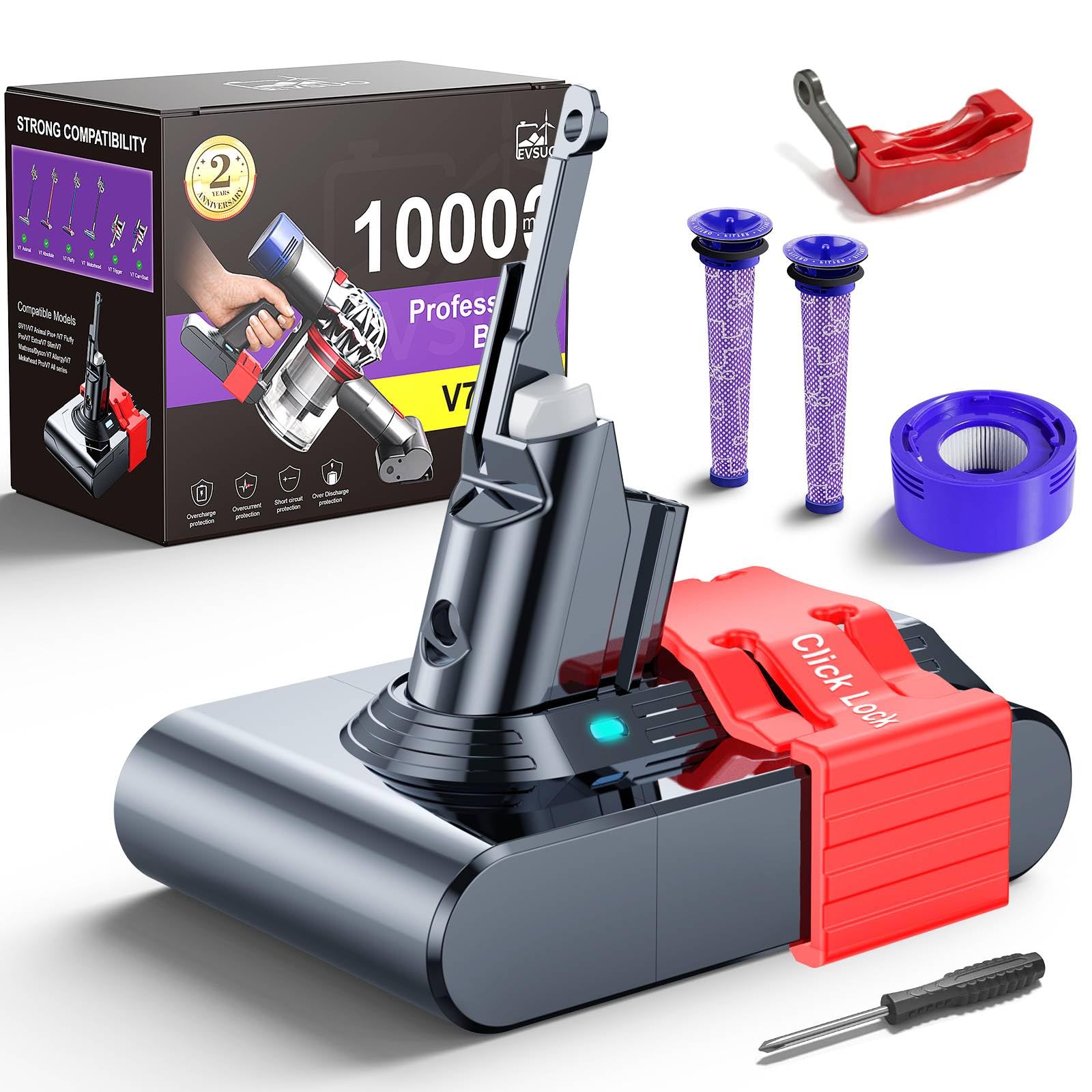 10000mAh 21.6V Battery Replacement for Dyson V7, 45 Min Runtime, Compatible with SV11 V7 Animal Motorhead Trigger Absolute Fluffy Car+Boat, Tool-Free Swap Clip &amp; Switch Lock, 2-Yr Warranty