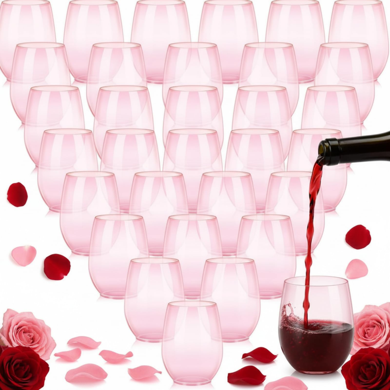 Layhit 32 Pcs Pink Stemless Wine Glasses Plastic Reusable Unbreakable Whiskey Champagne Drinking Glasses Cups for Valentine Wedding Anniversary
