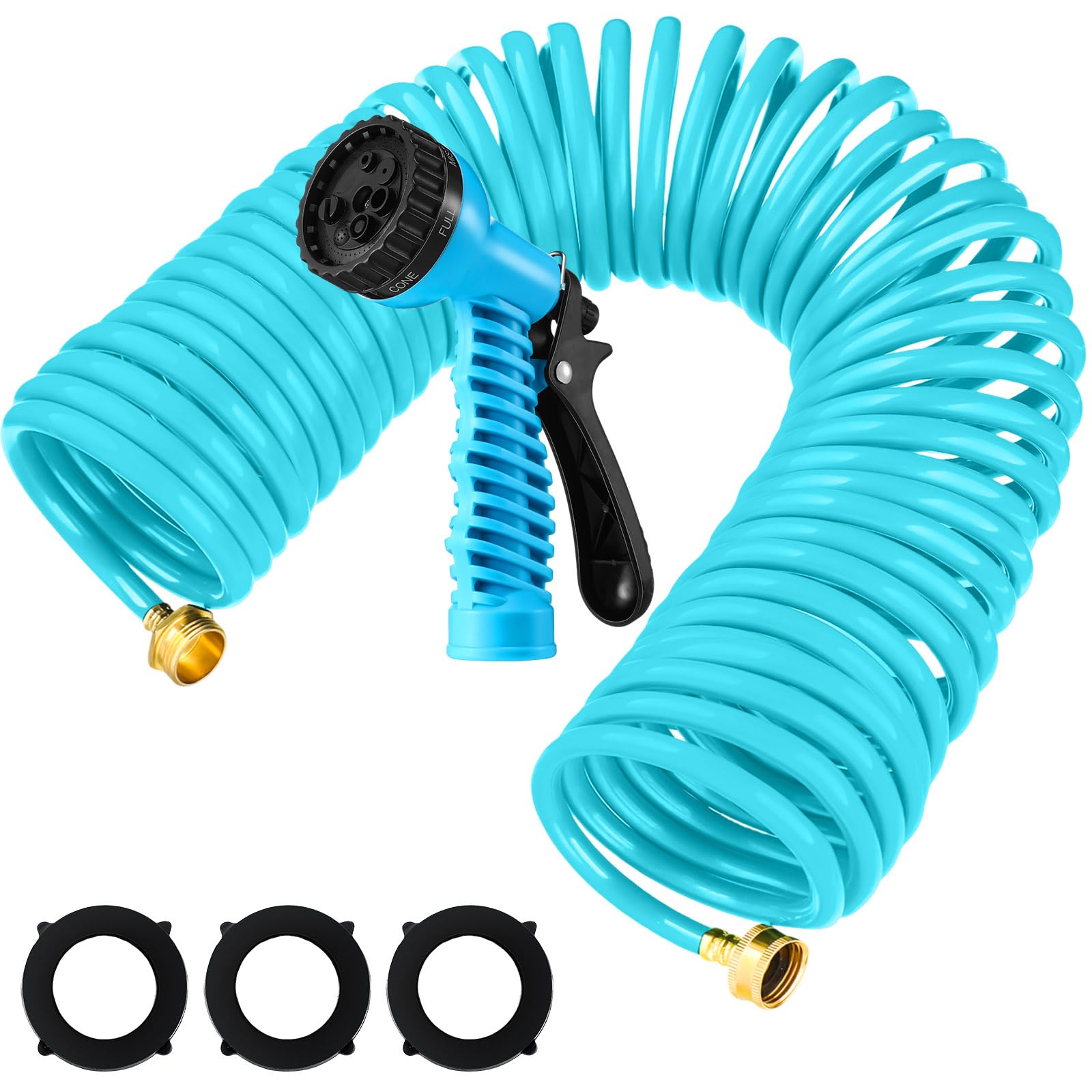 Pangda Expandable Coil Garden Hose 25 ft with Spray Nozzle, Blue