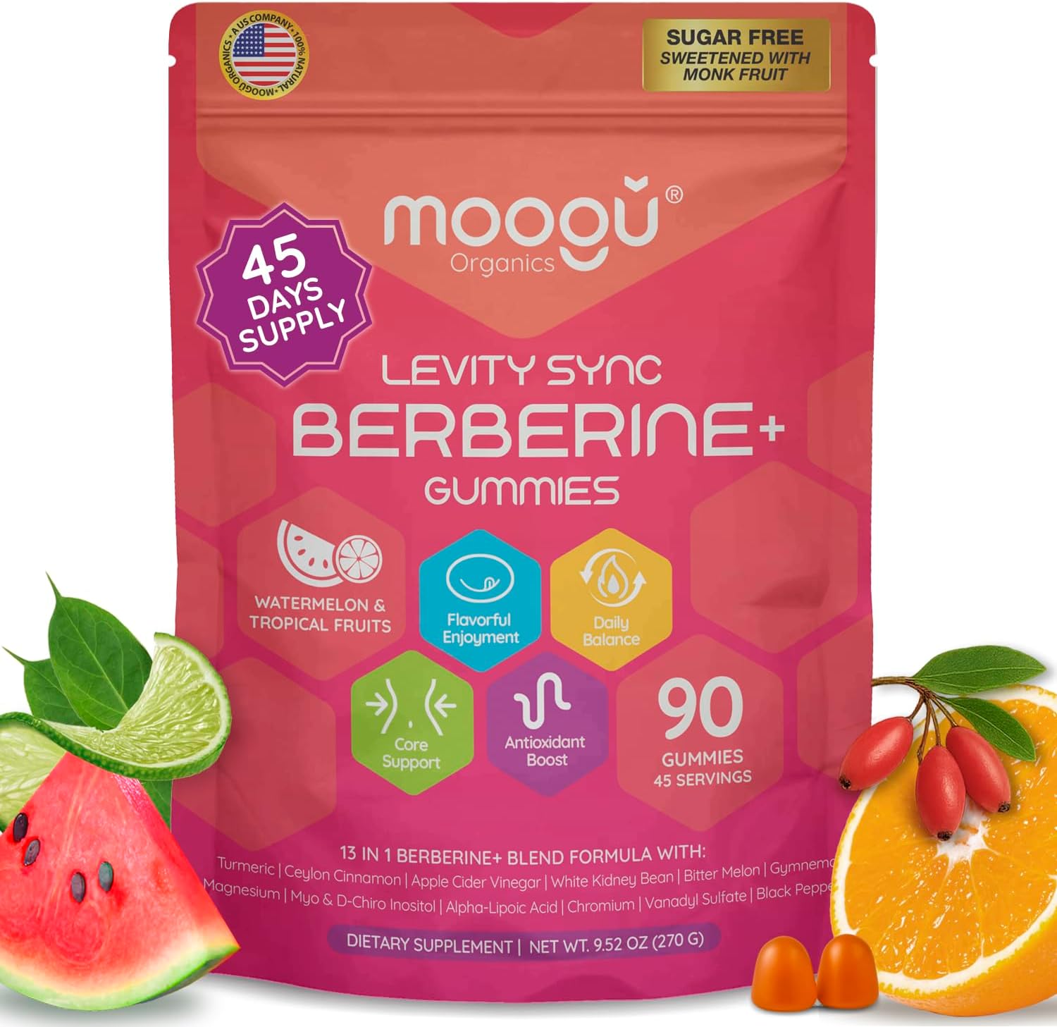 Moogu Berberine Mega Formula Gummies (45 Days) - Advanced Dihydroberberine for High Absorption - with Myo & D-Chiro Inositol (40:1), ACV, ALA, Ceylon Cinnamon, Turmeric, Gymnema & White Kidney Bean