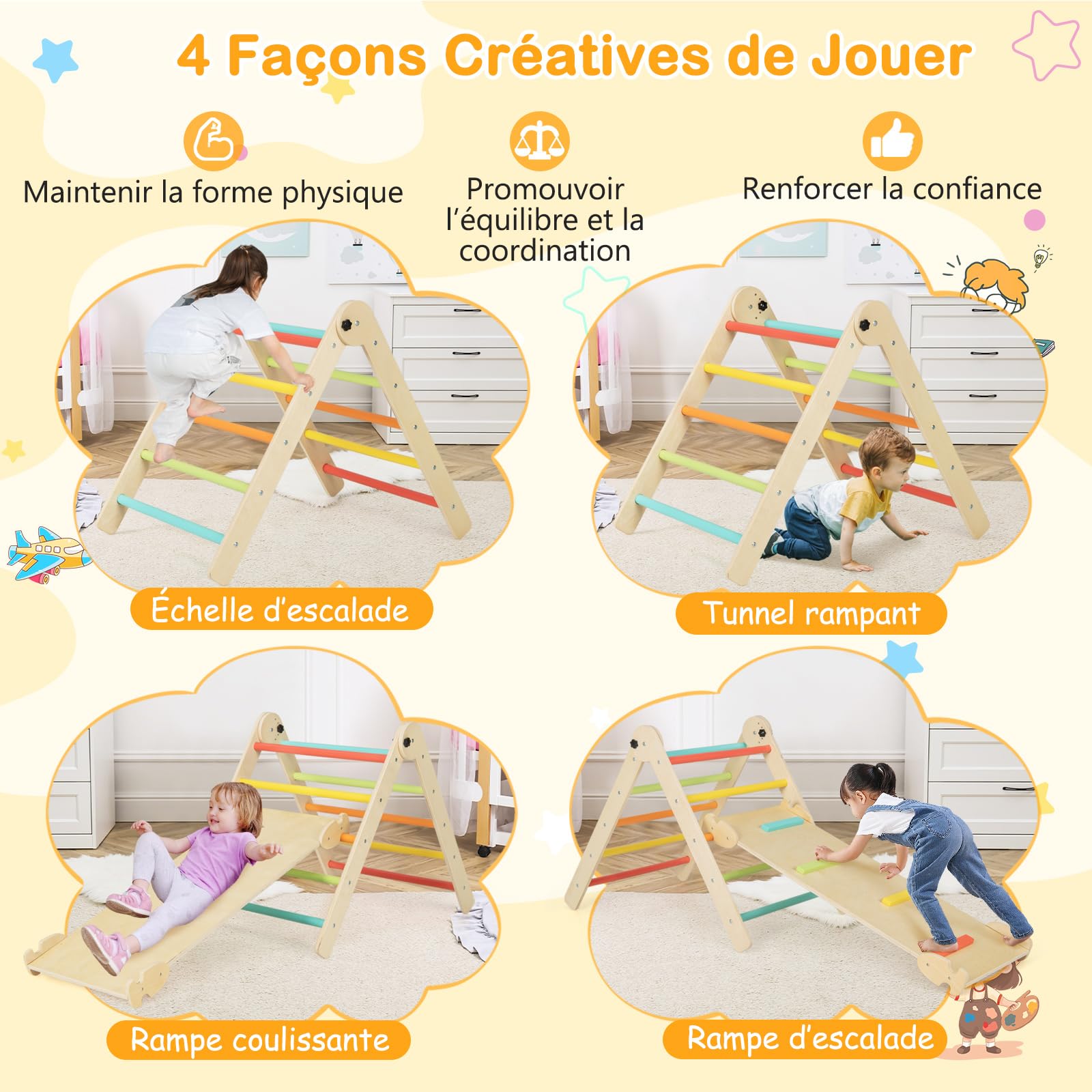 COSTWAY 4 en 1 Triangle d’Escalade Montessori Pliable avec Rampe Double Face, Échelle d'escalade Triangulaire en Bois de Pin avec Hauteur Réglable, Charge 60kg pour Enfants de 3 Ans+ (Coloré)