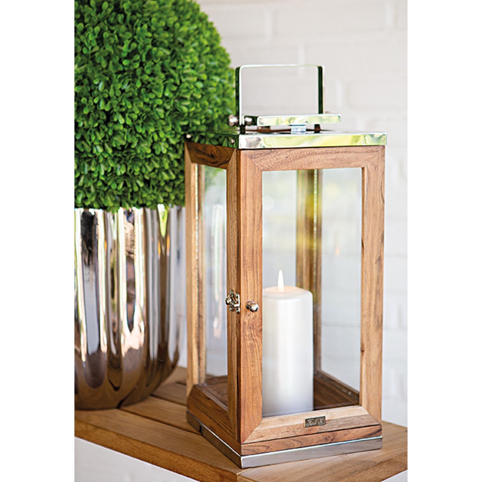 Fink große Laterne 43 cm aus Akazienholz - dekoratives Windlicht mit natürlicher Holzmaserung - Kerzenhalter für Stumpenkerzen als hochwertiges Wohnaccessoire für Innenräume