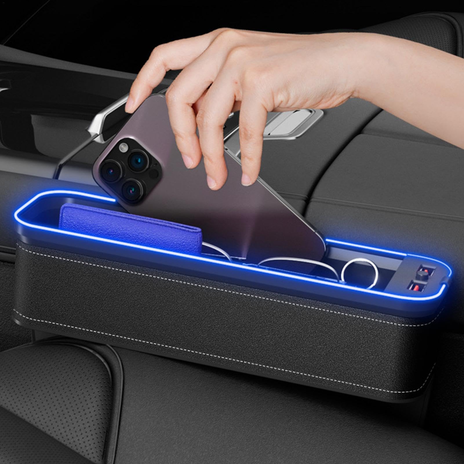 G-ap - Organizer con porta USB e luce a LED, per sedili auto, telefoni, chiavi, occhiali e carte