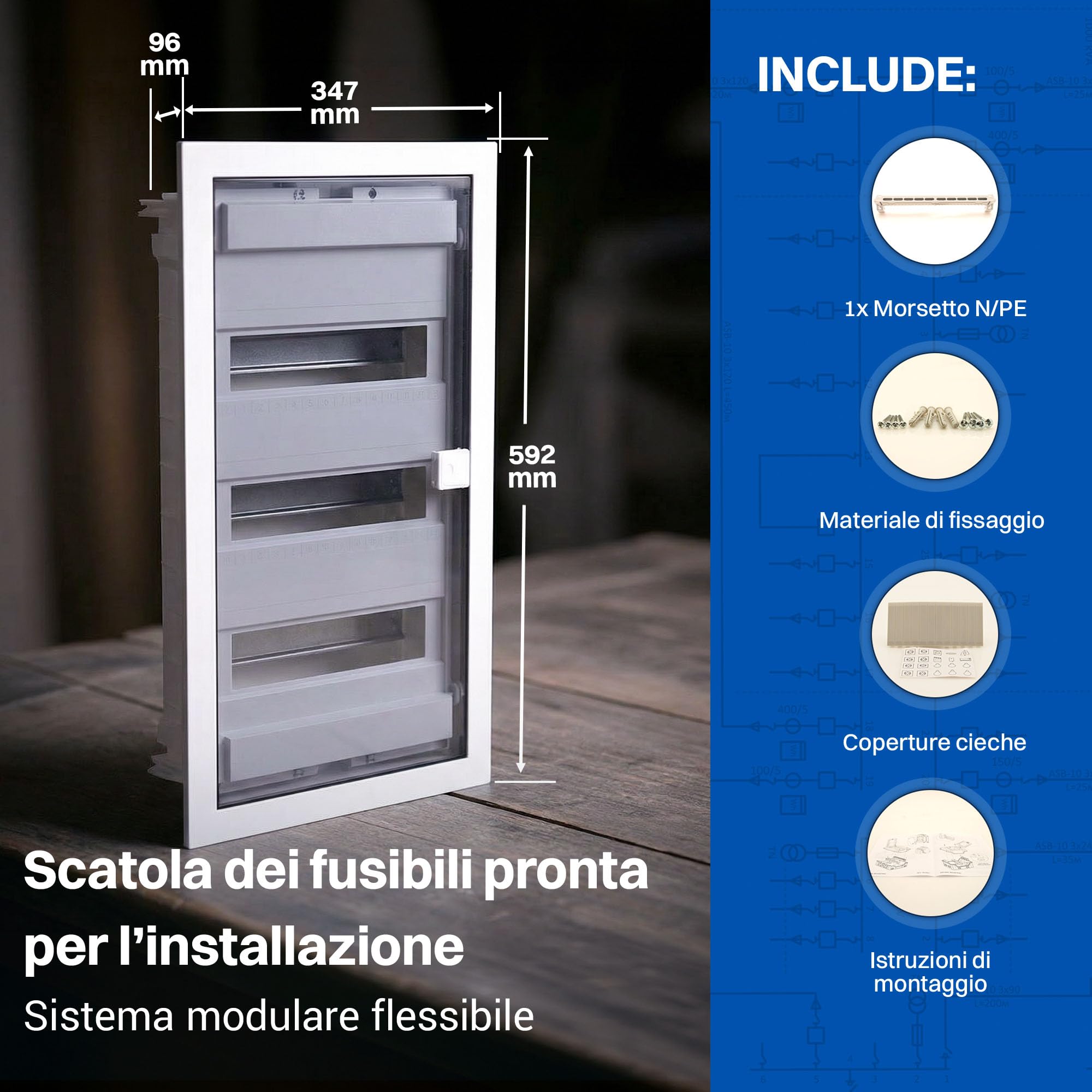 Intratec Centralino da Incasso 3 Fila – Quadro di Distribuzione IP40 per 36 Moduli con Porta Trasparente e Guida DIN per Installazioni Elettriche Casa e Ufficio – 592 x 347 x 92mm