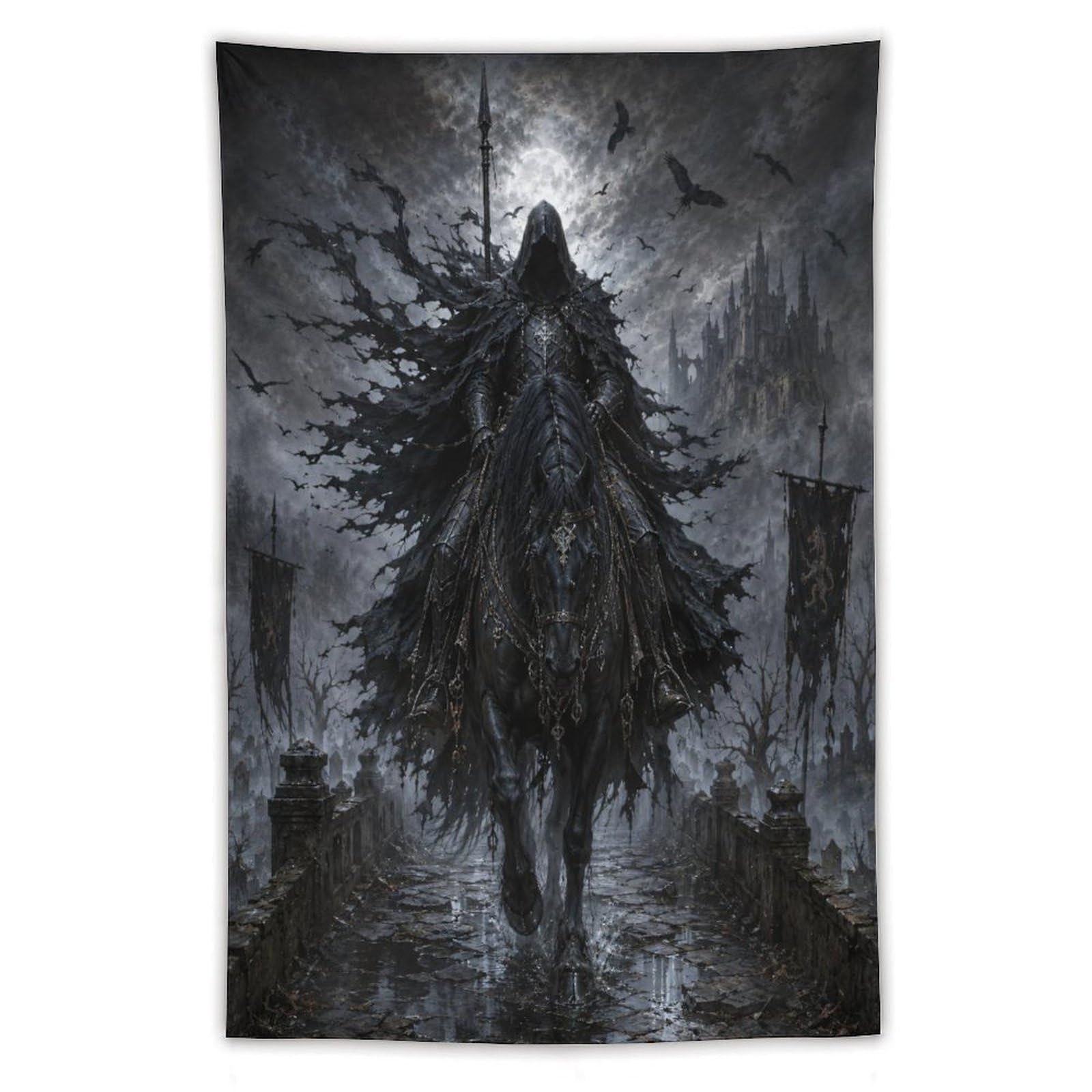 W7C8U2X3 Storm Castle Horseman Wall Tapestry, Medieval Illustration