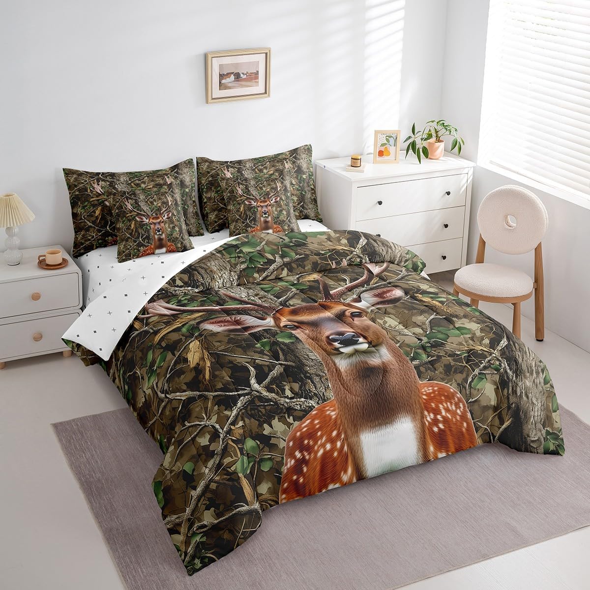 Feelyou 7Pcs Deer Comforter Sets Full Size, Deer Antler Decor Rural Hunting Theme Comforter Set Bed in a Bag(1 Comforter, 1 Flat Sheet 1 Fitted Sheet 2 Pillowcases and 2 Throw Pillow Covers)