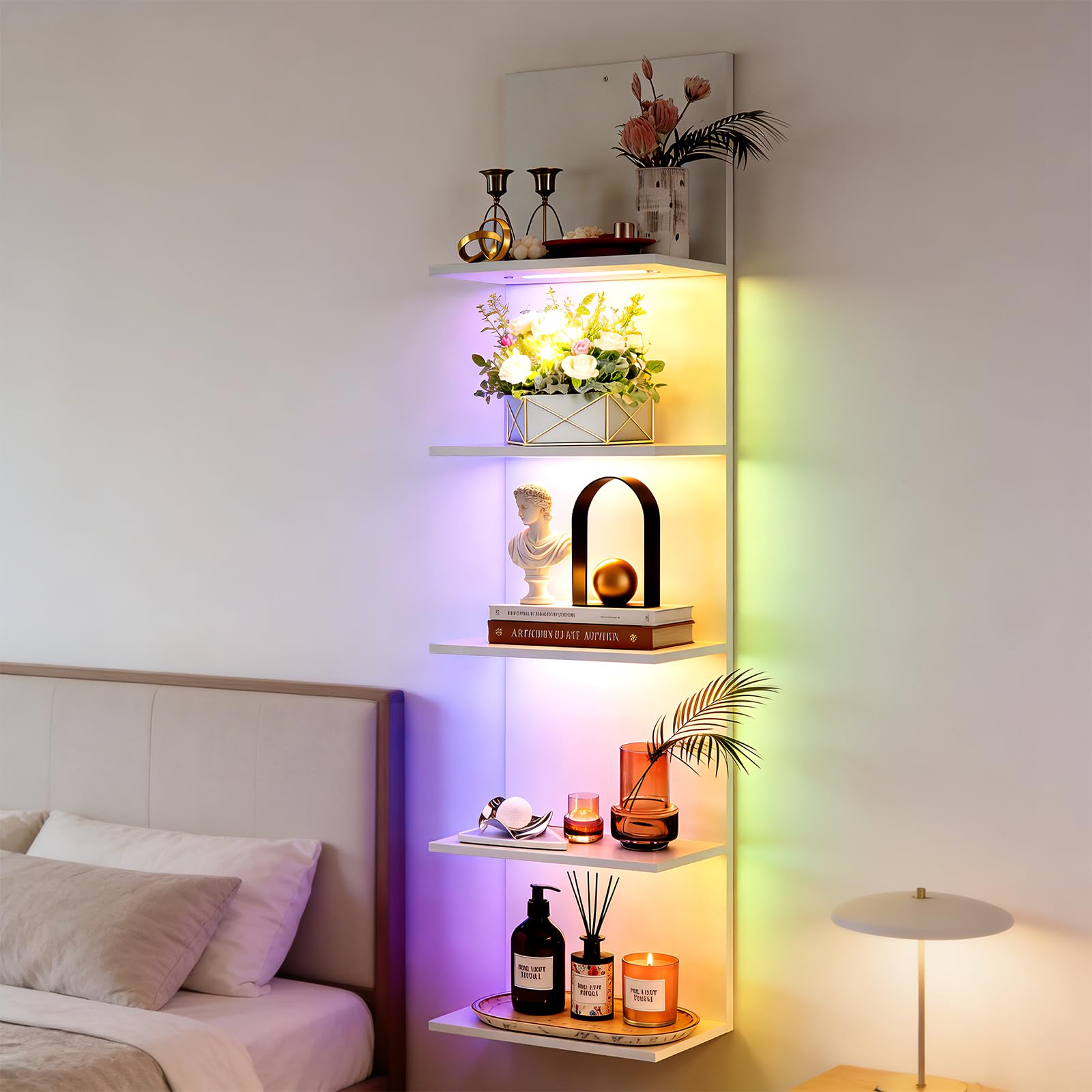 Wandregal mit RGB+IC-Beleuchtung, Bücherregal Wand mit APP & Fernbedienung | Wandregal Weiß 5 Ebenen, Wandregal Schmal Schminktisch Hängend Regal für Schlafzimmer, Wohnzimmer, 30x18x117 cm, Weiß
