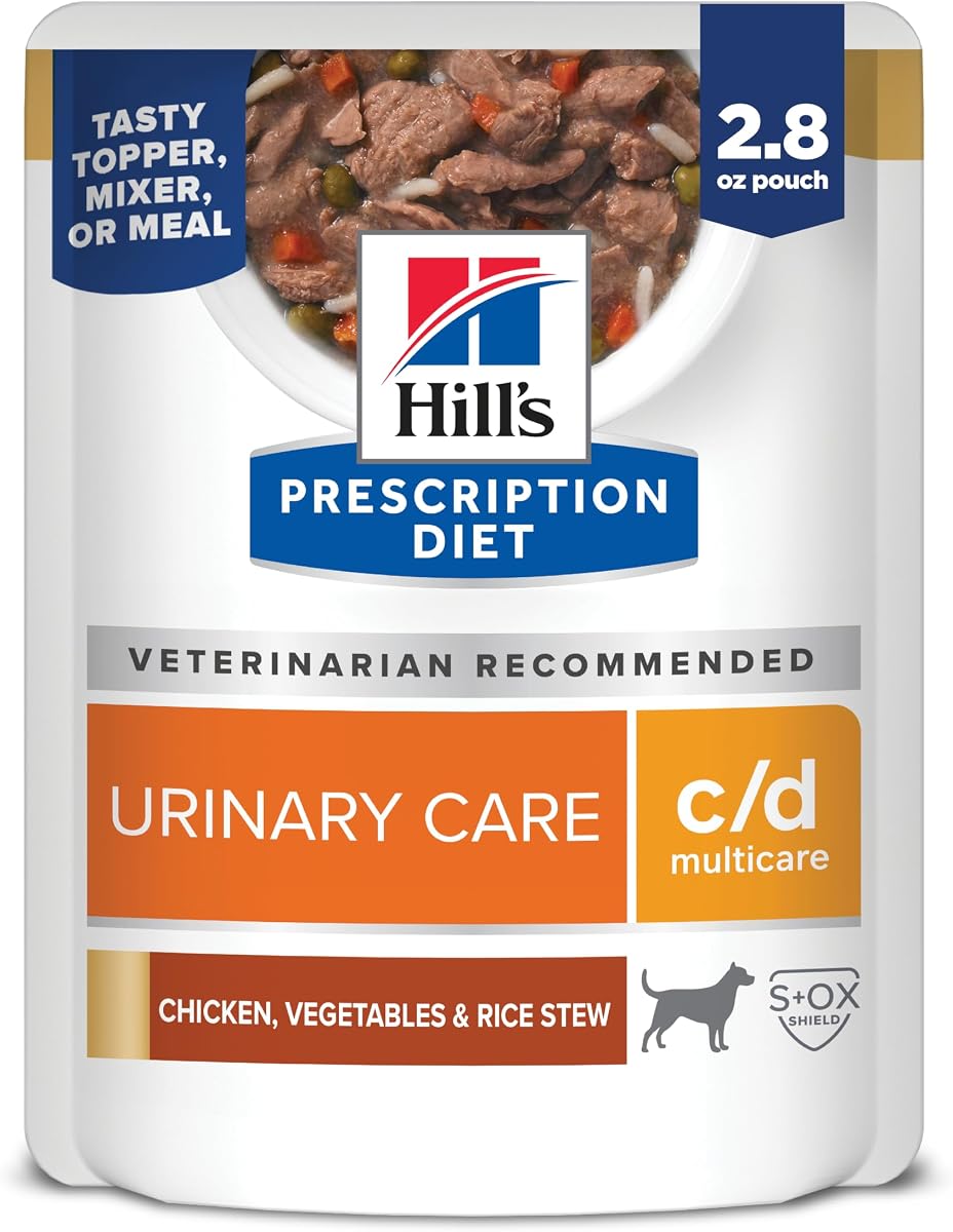Hill's Prescription Diet c/d Alimento húmedo para perros Multicare | #1 recomendado por veterinarios, estofado de pollo, verduras y arroz, 2.8 oz. Bolsas, paquete de 24