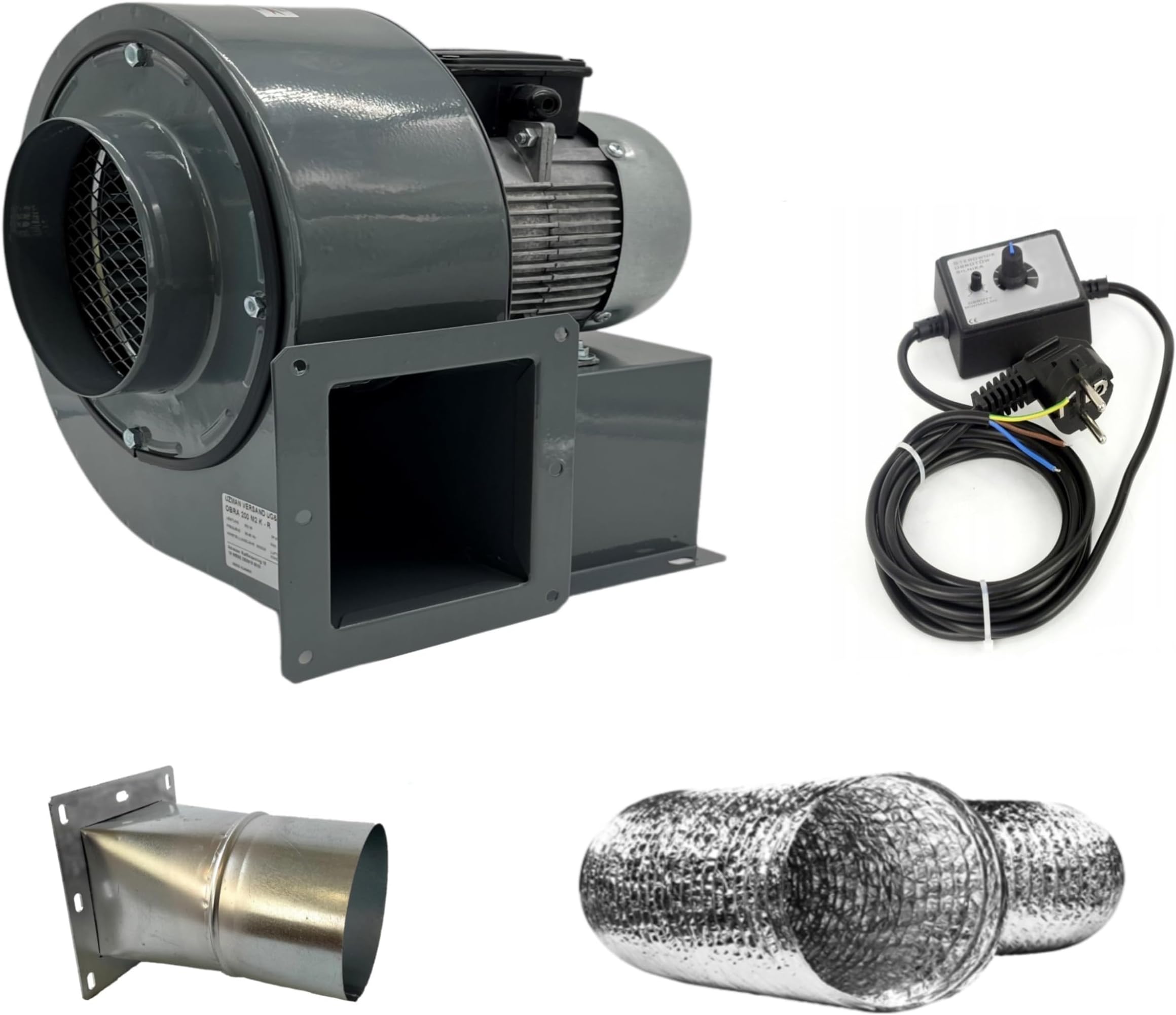 UZMAN Radial Blower OB200M + 500 Watt Speed Controller with Cable, 4-Corner Round Flange and Aluminium Flex Tube, Suction Fan, Radial Blower, Fan, Suction Blower