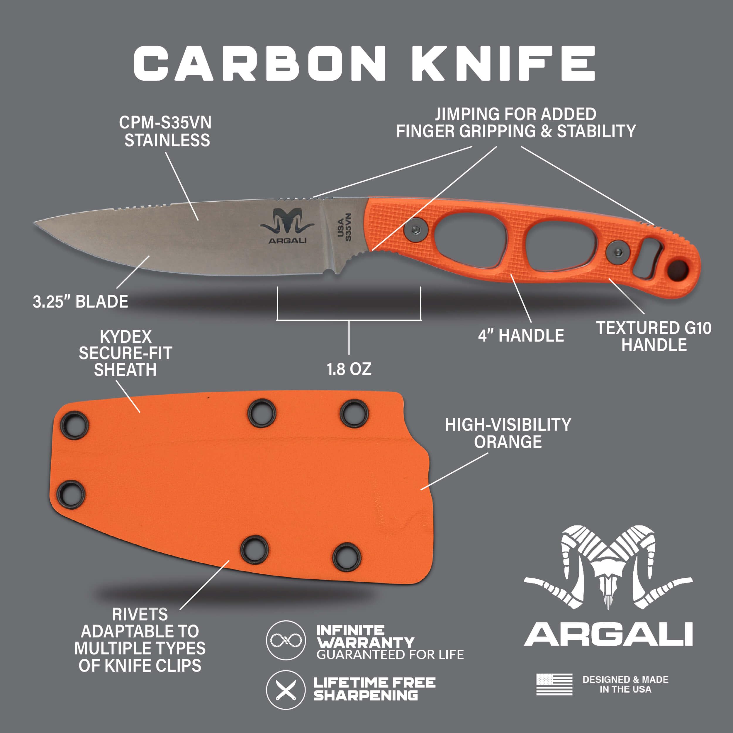 Amazon.com: Argali Carbon Hunting Knife with Kydex Sheath fixed