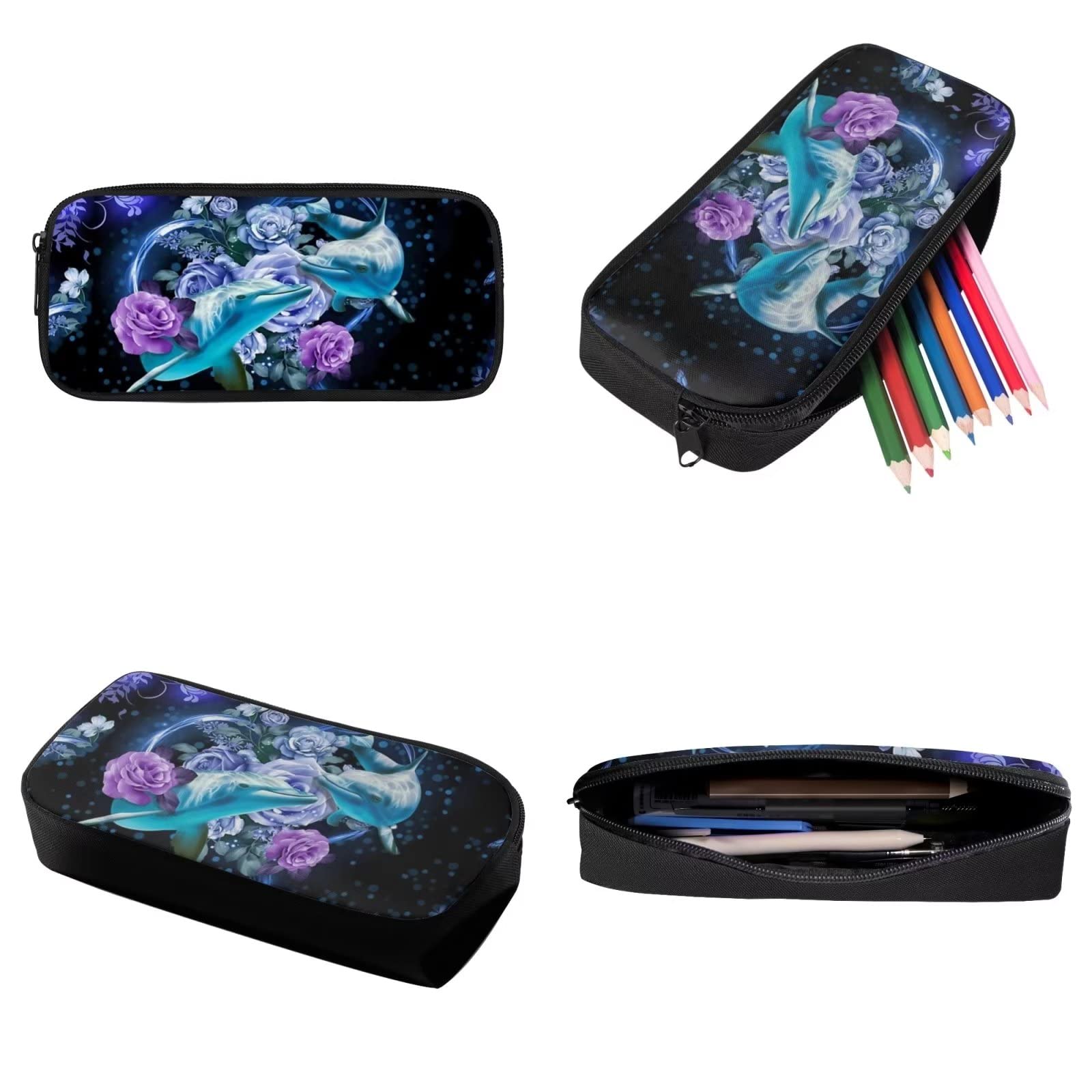 Poceacles Schultasche und Lunchbox-Set für Teenager, Jungen, Grundschule, Büchertasche, Federmäppchen für Grundschulkinder, Delfin Rose Blumen, Einheitsgröße