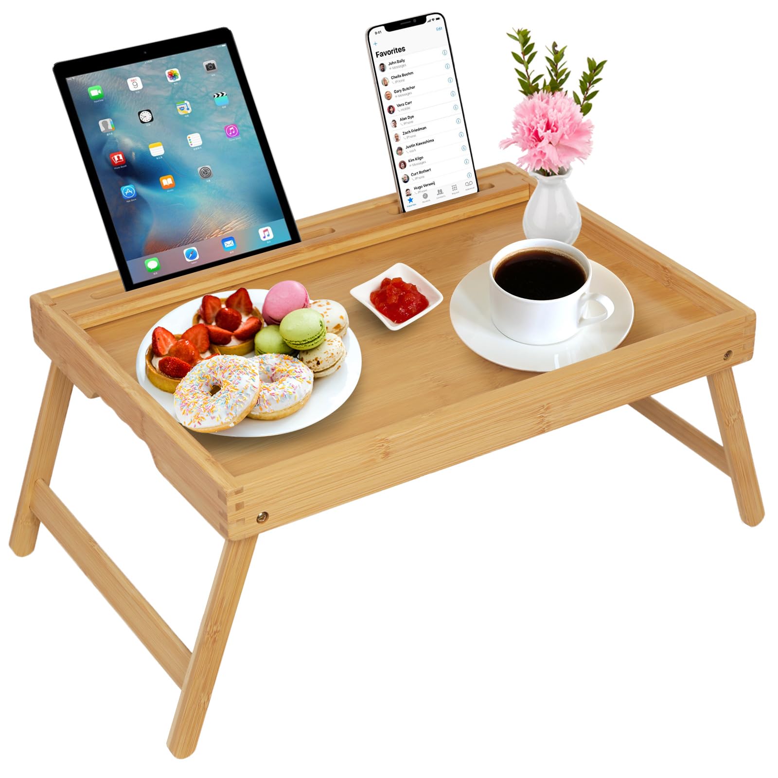 Vassoio da letto con manici, gambe pieghevoli, vassoio da colazione in bambù con supporto per tablet, tavolo da colazione, scrivania per computer portatile, vassoio da cucina