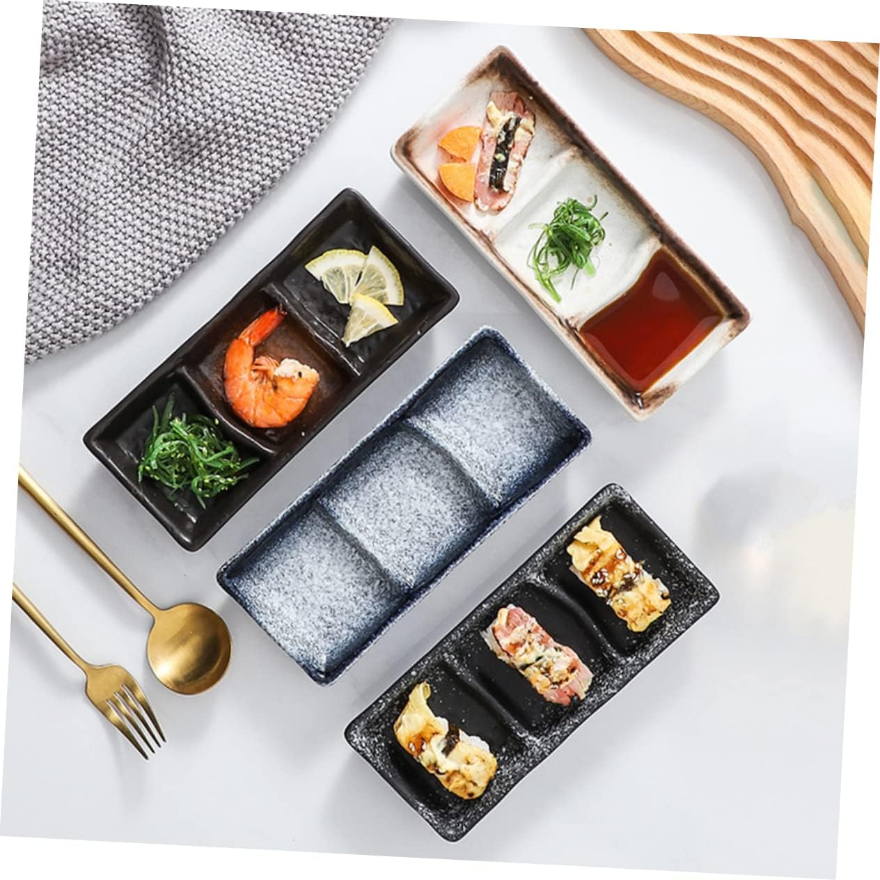 2Pcs Rectangular Ceramic Sauce Dish Set 3 Compartments for Sushi Seasoning and Dipping for Home Use and Appetizers